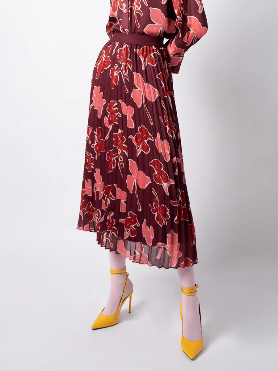 F-FASHION Pleated Chiffon Skirt in Floral Print Women Maroon Size - 38 EU