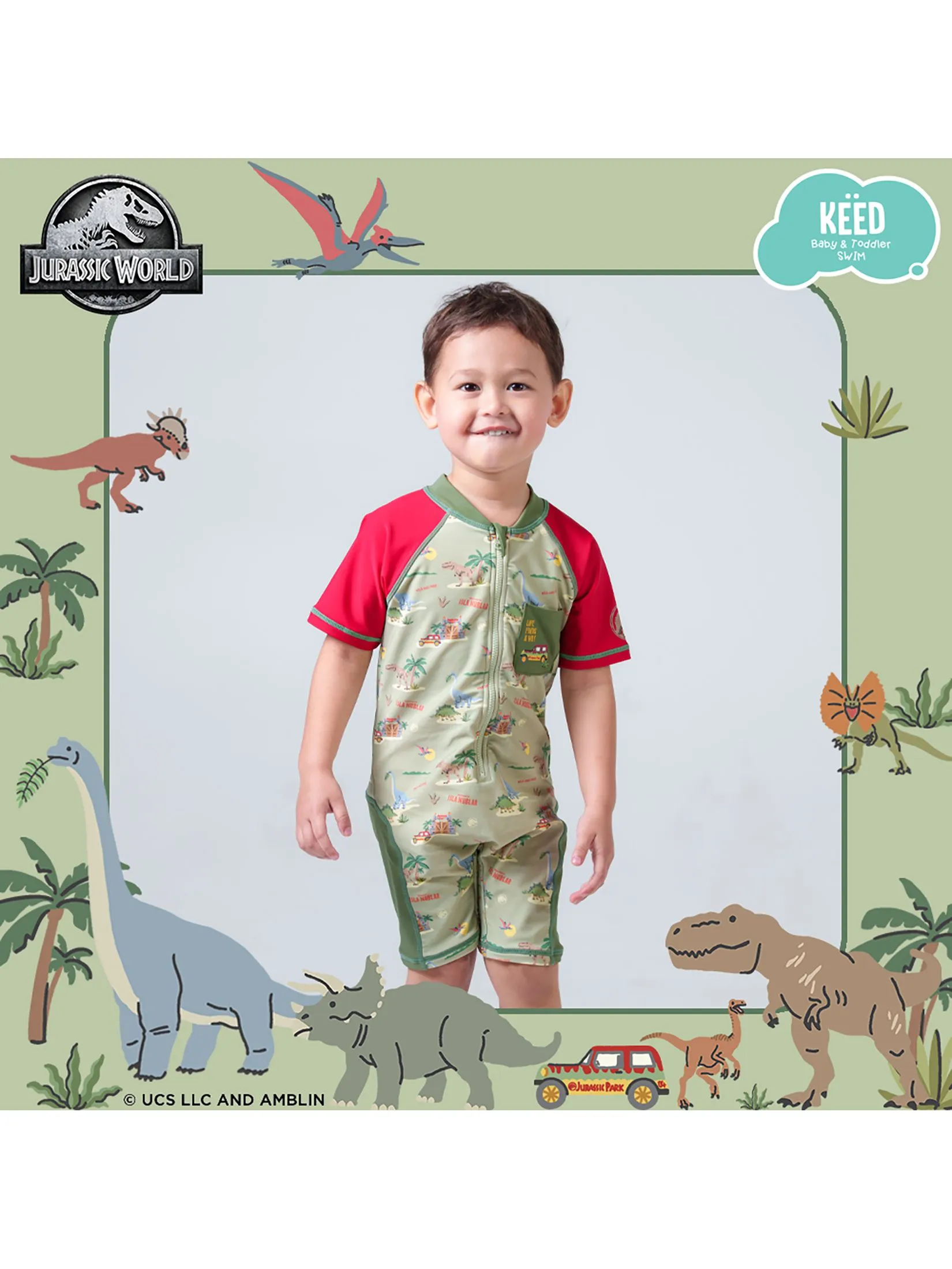 KEED Boy Swimsuit Short Sleeves Jurassic World Khaki Green