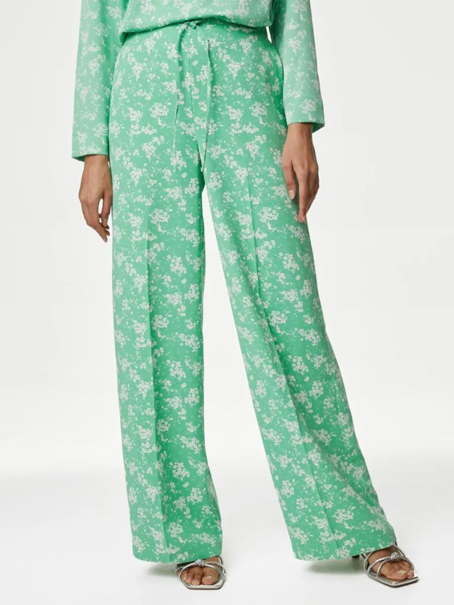 MARKS & SPENCER Women Trousers Floral Drawstring Wide Leg Green Mix