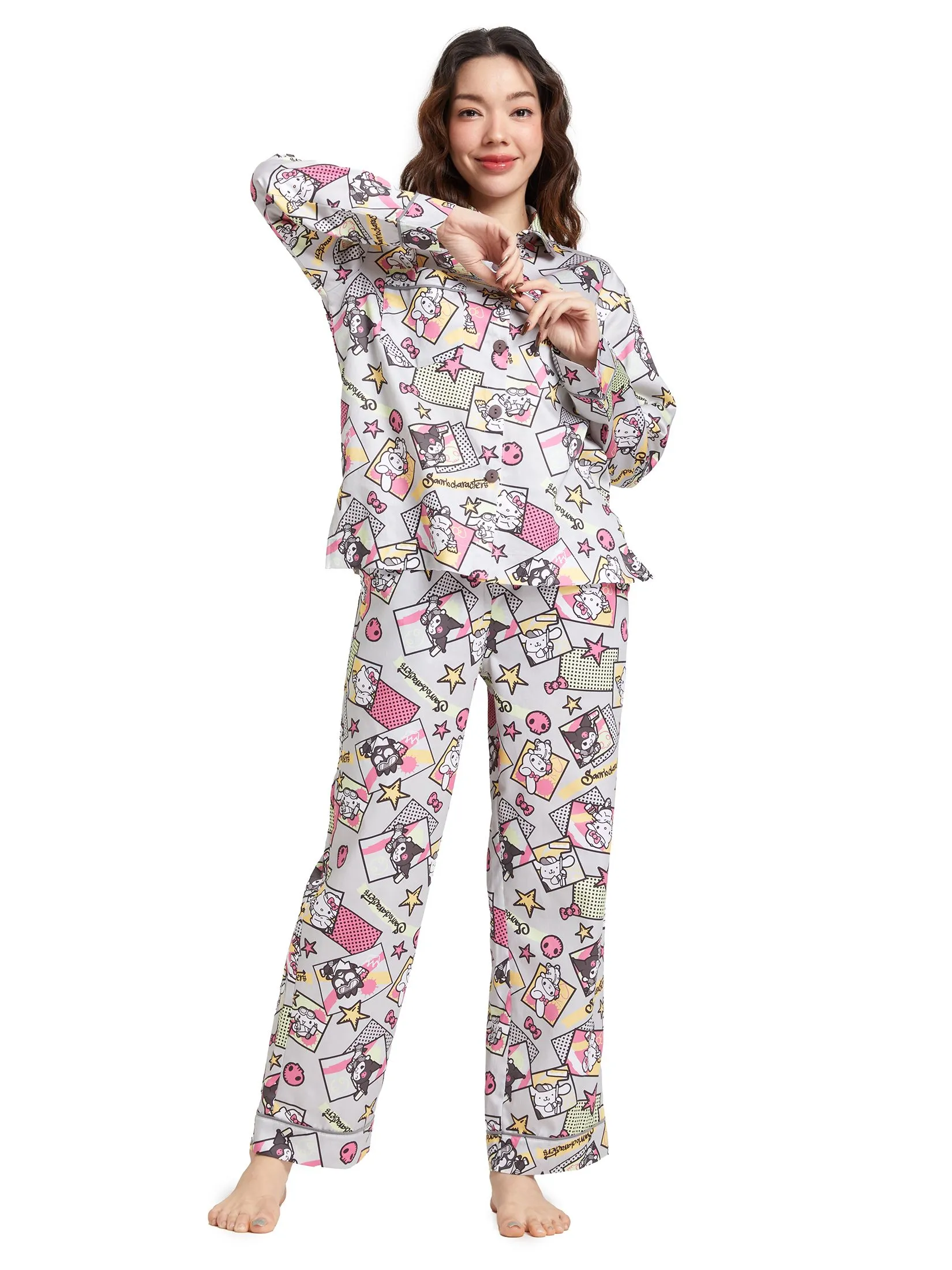 SANRIO Women Pyjamas Long Sleeves Shirt Pants Mix Character Grey