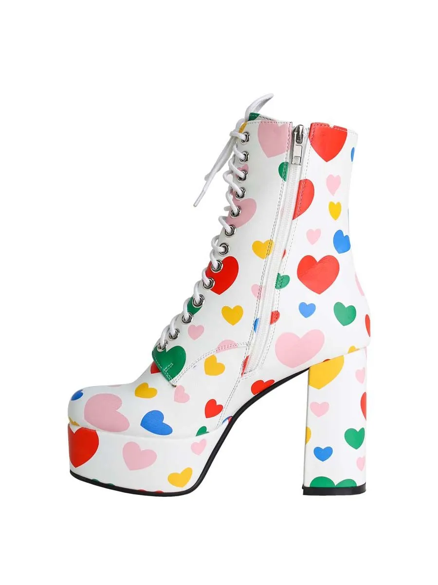 VILLAINS SF Y-I-LOVE-U-HEARTS Platform Boots WHITE MULTI