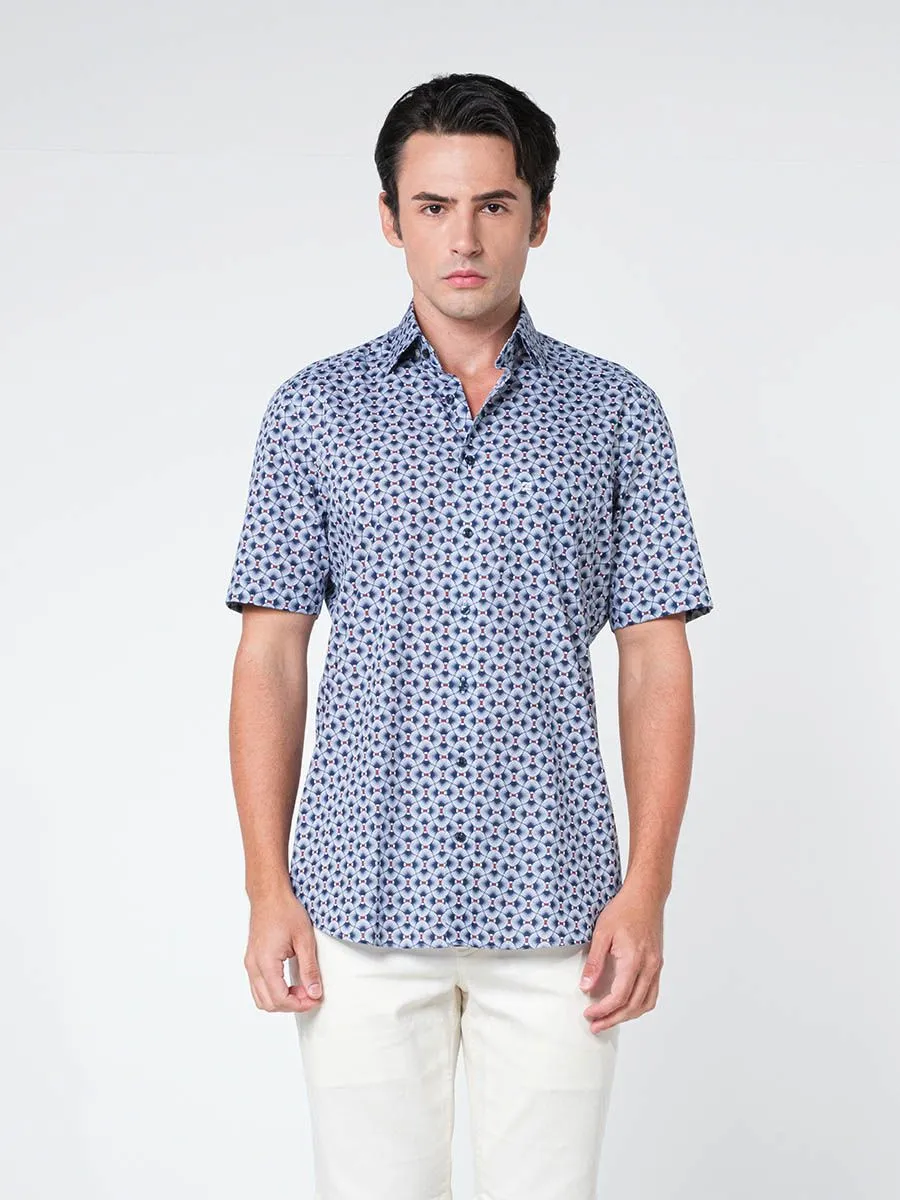 OLYMP MEN SHIRT SHORT SLEEVES CASUAL SHIRT MODERN FIT NAVY PATTERN PRINT