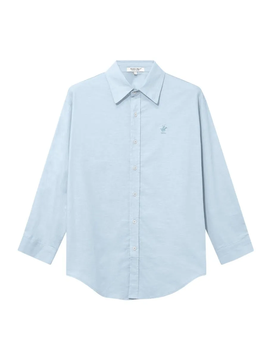 BEVERLY HILLS POLO CLUB Women Cotton Linen Relax Fit Shirt Long Sleeve, Light blue Model LH1D002
