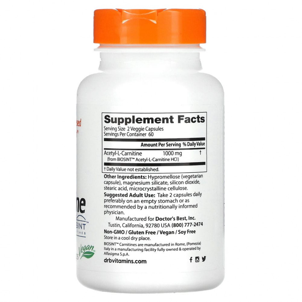 Doctor's Best, ацетил L-карнитин с карнитинами Biosint, 500 мг, 120 вегетарианских капсул