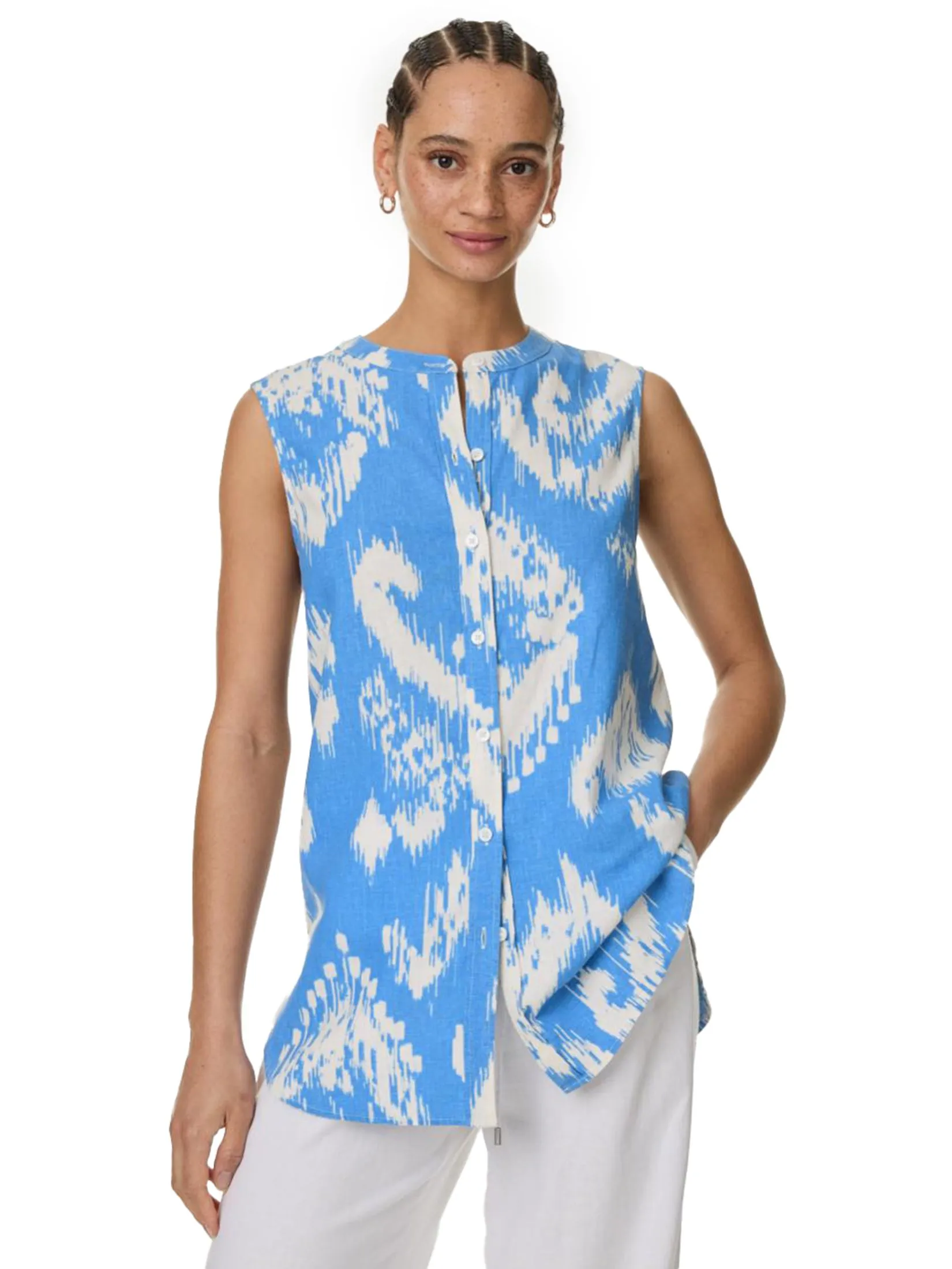 MARKS & SPENCER Women Blouse Linen Rich Printed Button Through Blue Mix Size - 14 UK