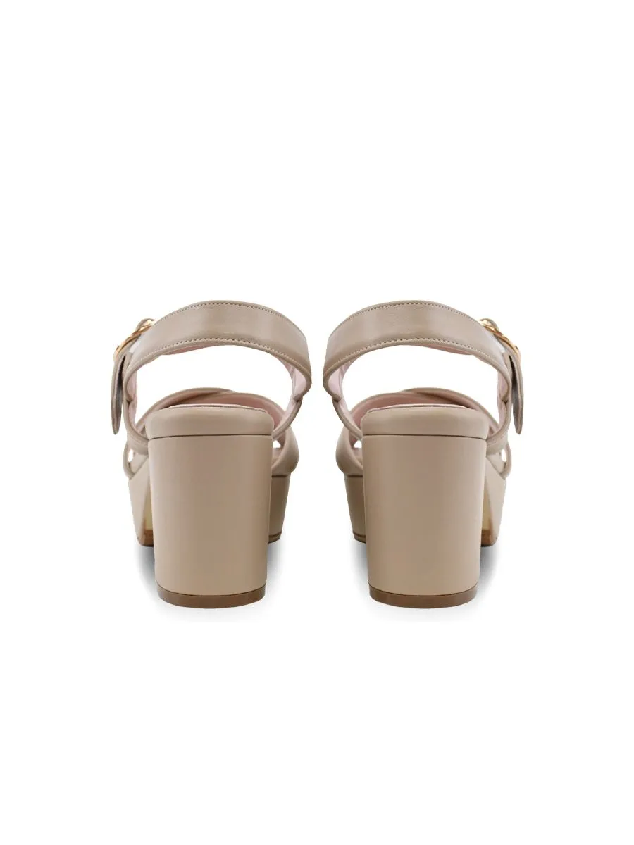 SIRENA Beige Leather Sandals Open Toe Blocked Heel 2.7 inch Anna