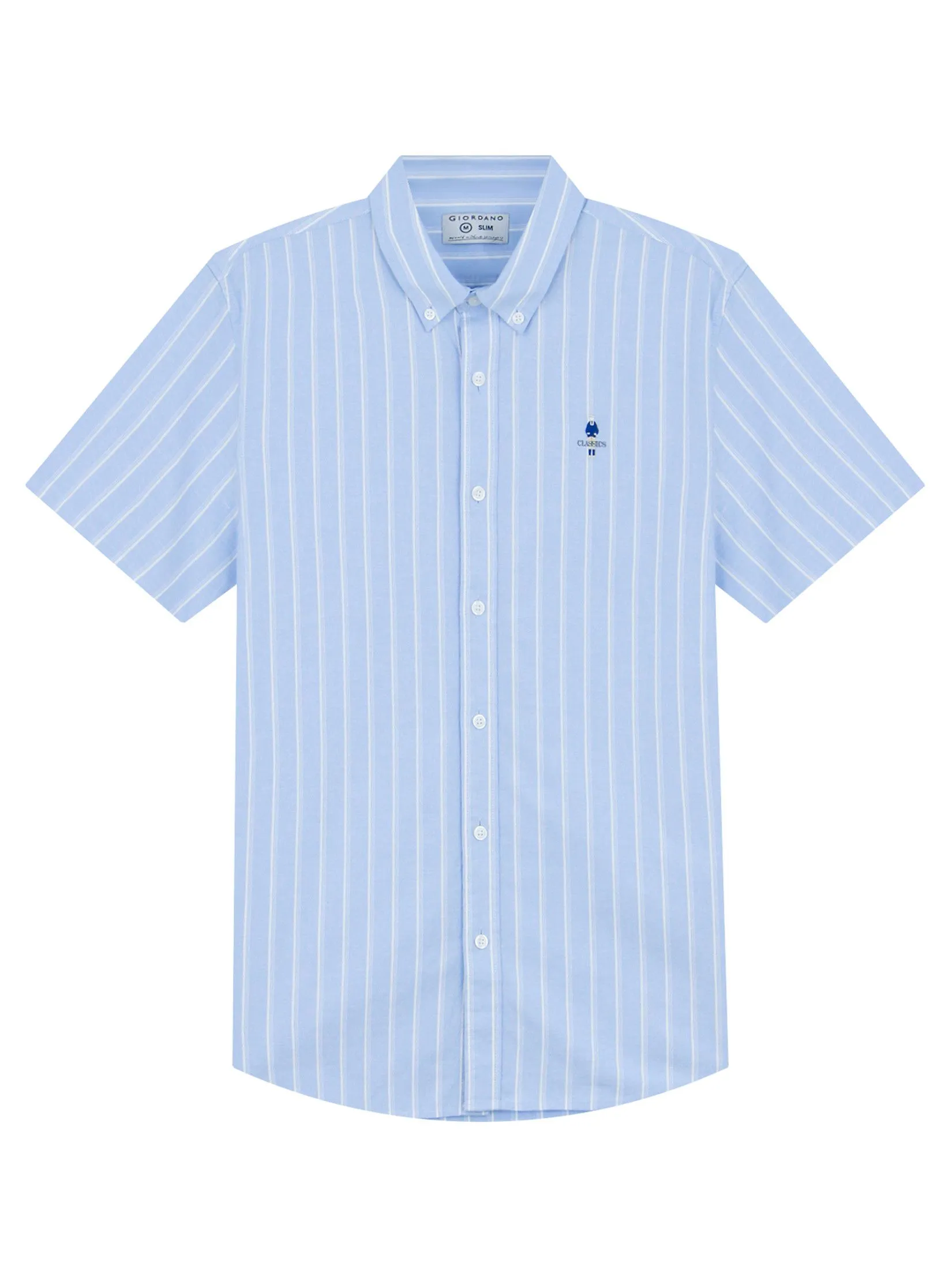 GIORDANO Men's Slim Embroidery Stretch Oxford Shirts (Classic Man) Blue x White