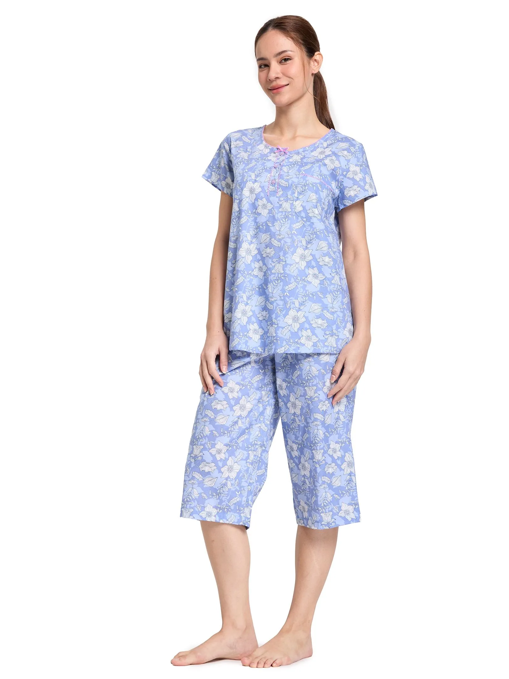 CLAUDIA'S ROMANCE Women Pyjamas Polo Round Neck + 3/4 Pants Print Blue