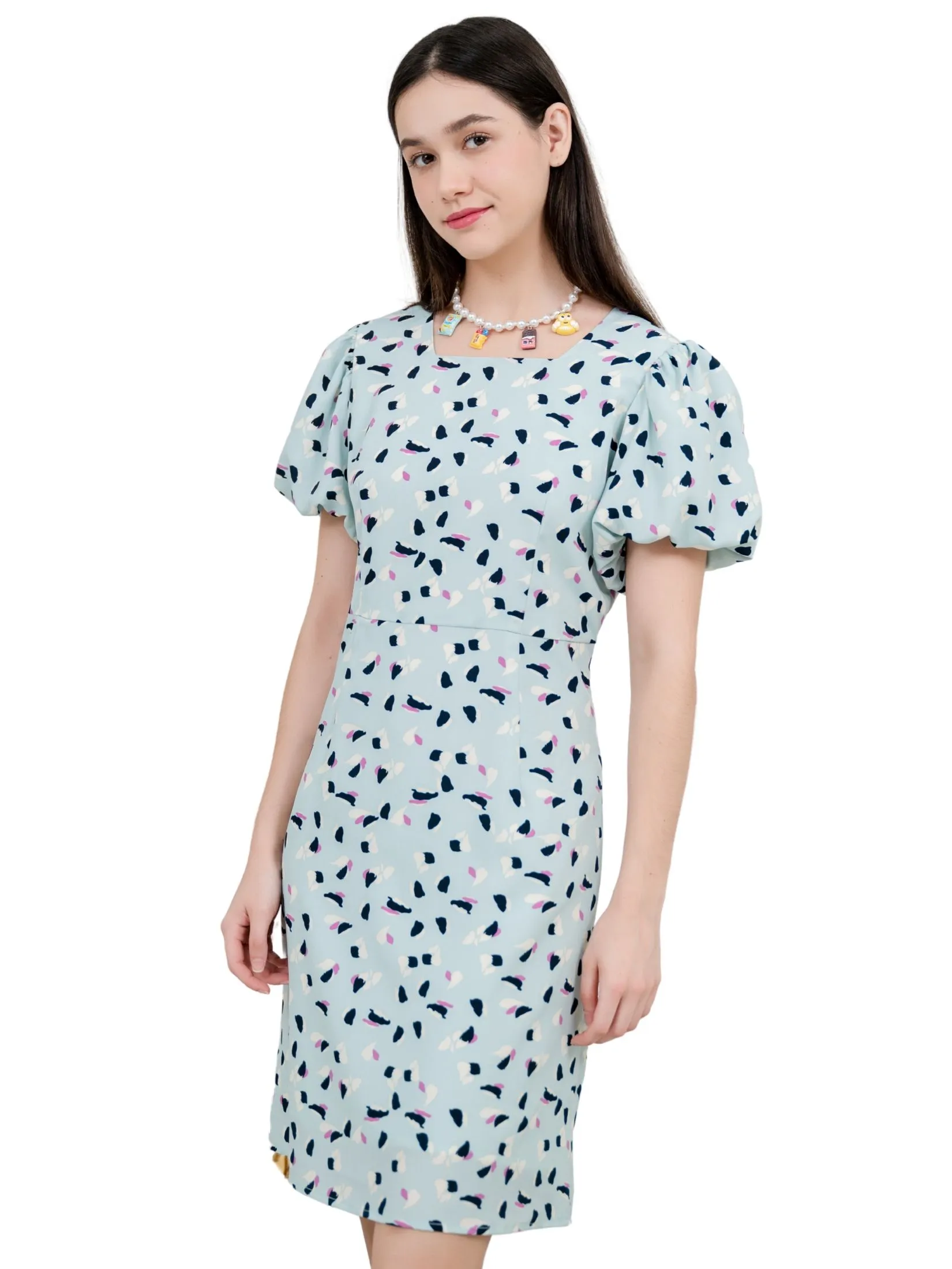 AMILA Women Dress Short Sleeves Peach Skin Blue