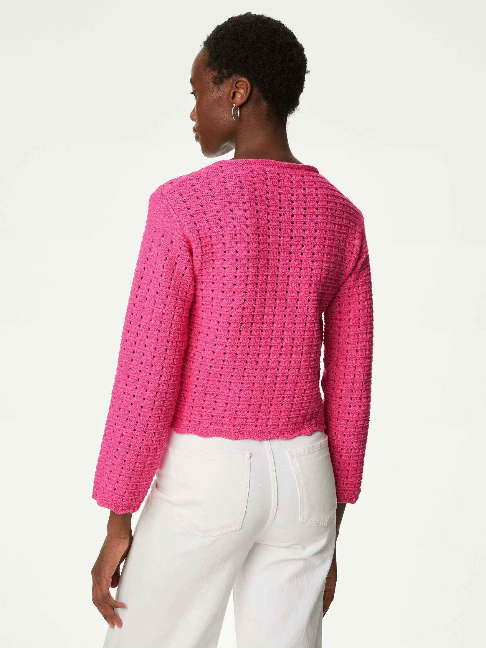 MARKS & SPENCER Women Sweater Cotton Rich Textured Crew Neck Jumper Bright Rose