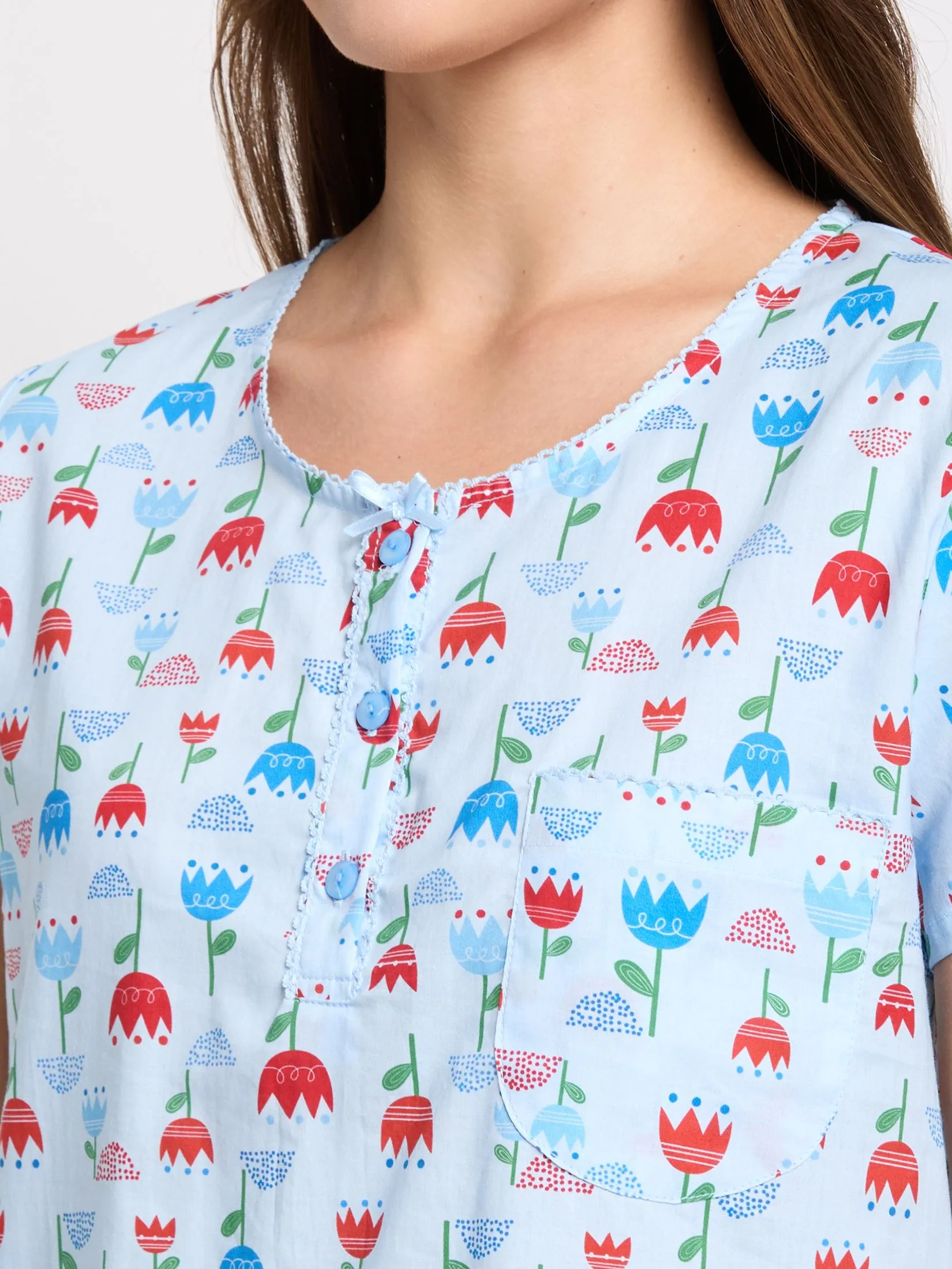 CLAUDIA'S ROMANCE Women Pyjamas Shirt Short Sleeves Crew Neck + 3/4 Pants Print Light Blue