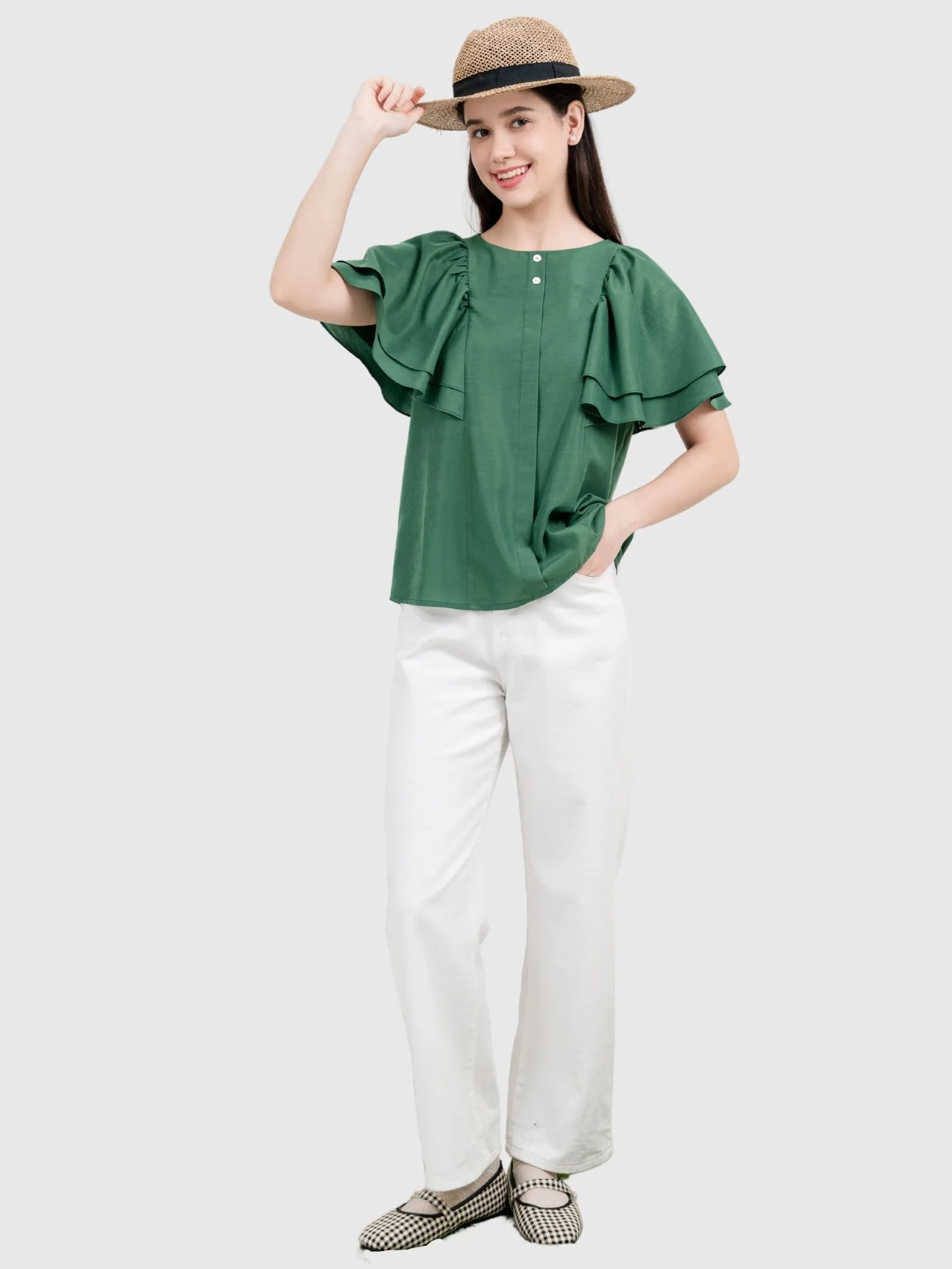 AMILA Women Blouse Short Sleeves Cotton Silk Green