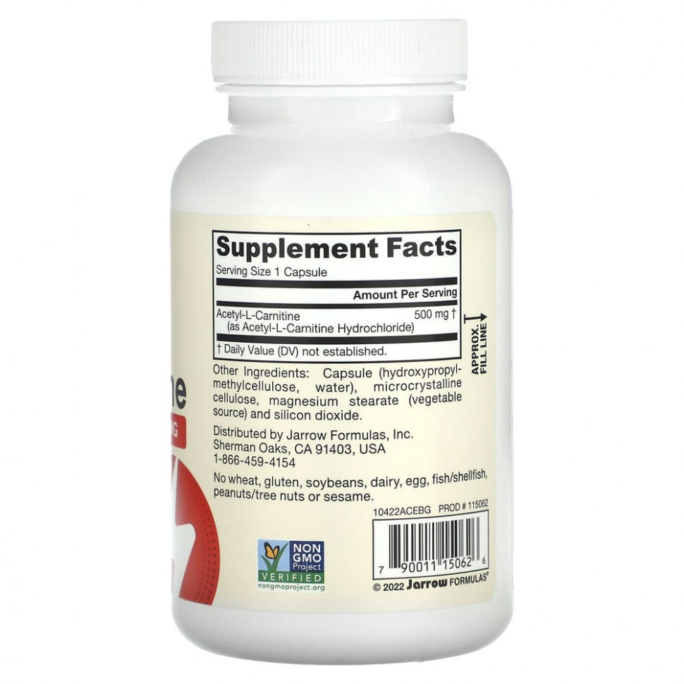 Jarrow Formulas, ацетил L-карнитин, 500 мг, 120 вегетарианских капсул
