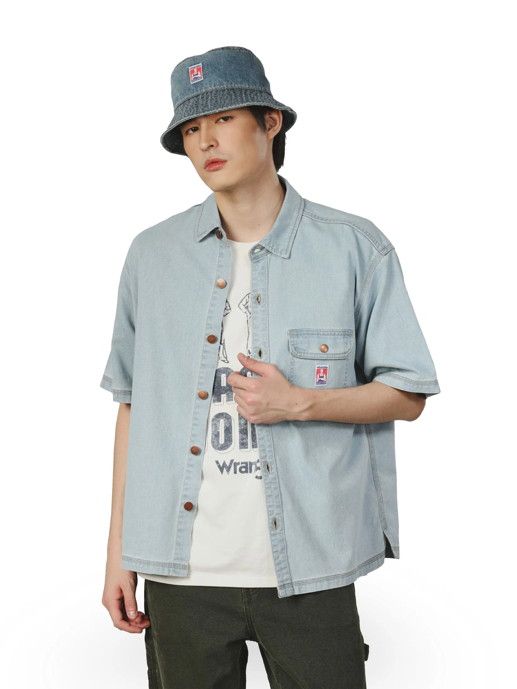 WRANGLER Men's Denim Shirt Short Sleeves Casey Jones Collection Oversize Fit Light Indigo