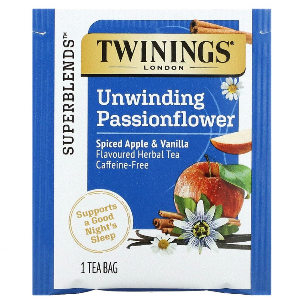 Twinings, Успокаивающий травяной чай, страстоцвет и ромашка, пряное яблоко и ваниль, без кофеина, 18 пакетиков по 0,95 унц. (27 г)