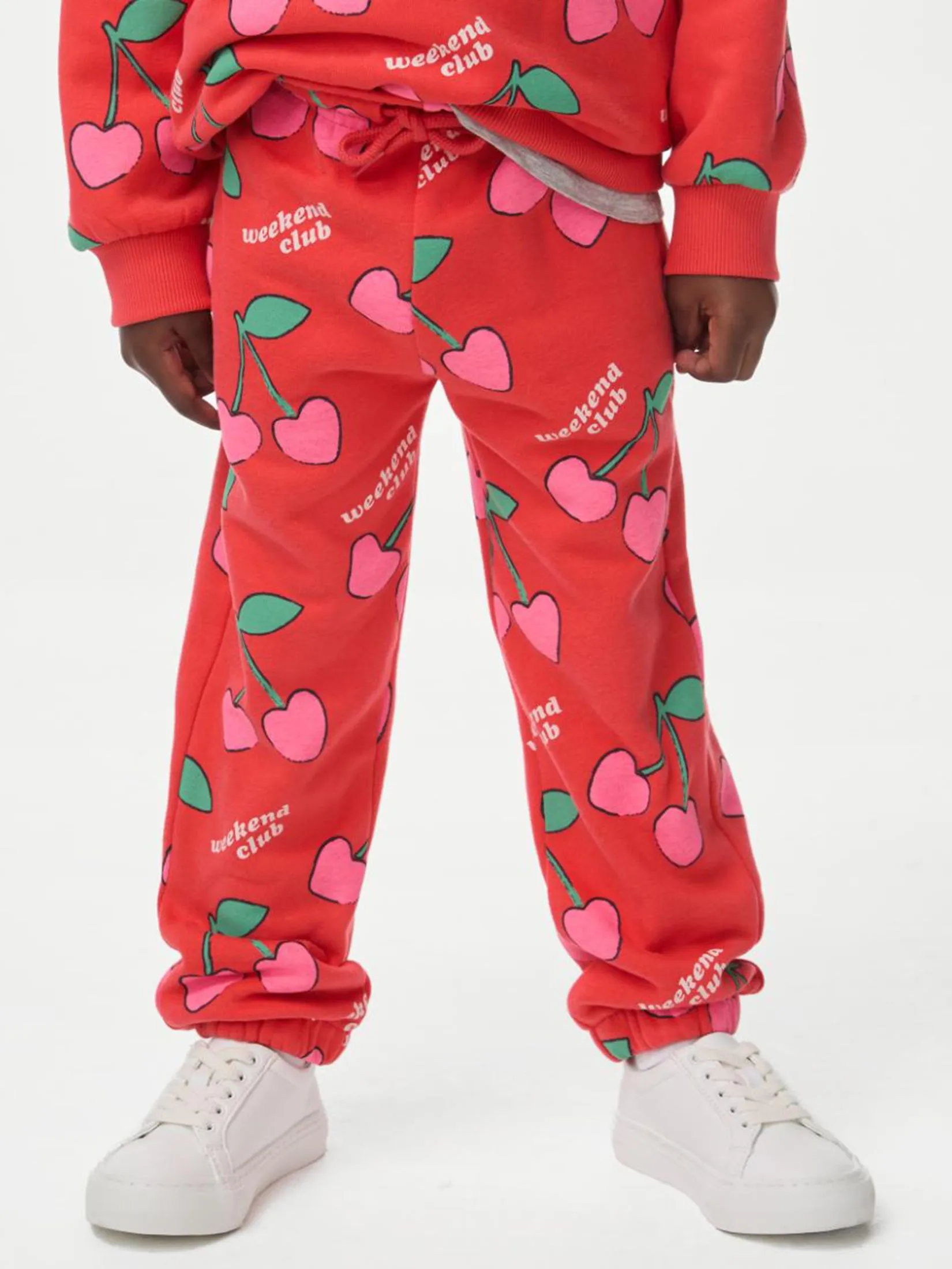 MARKS & SPENCER KIDS Girl Toddler Joggers Cotton Rich Cherry Print Red