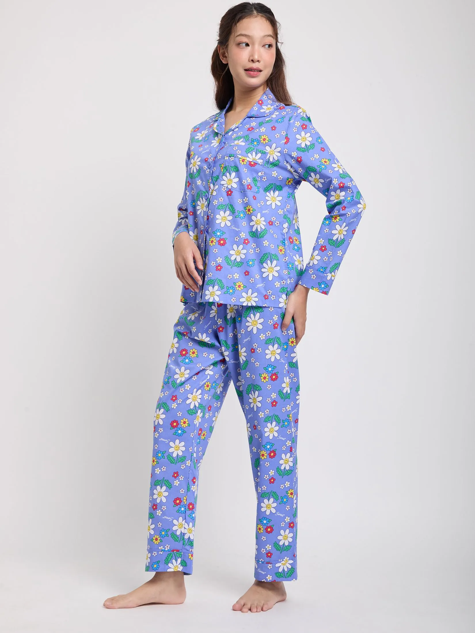 SWEET SENSATIONS Women Pyjamas Hawaii Shirt Long Sleeves + Pants Print Navy