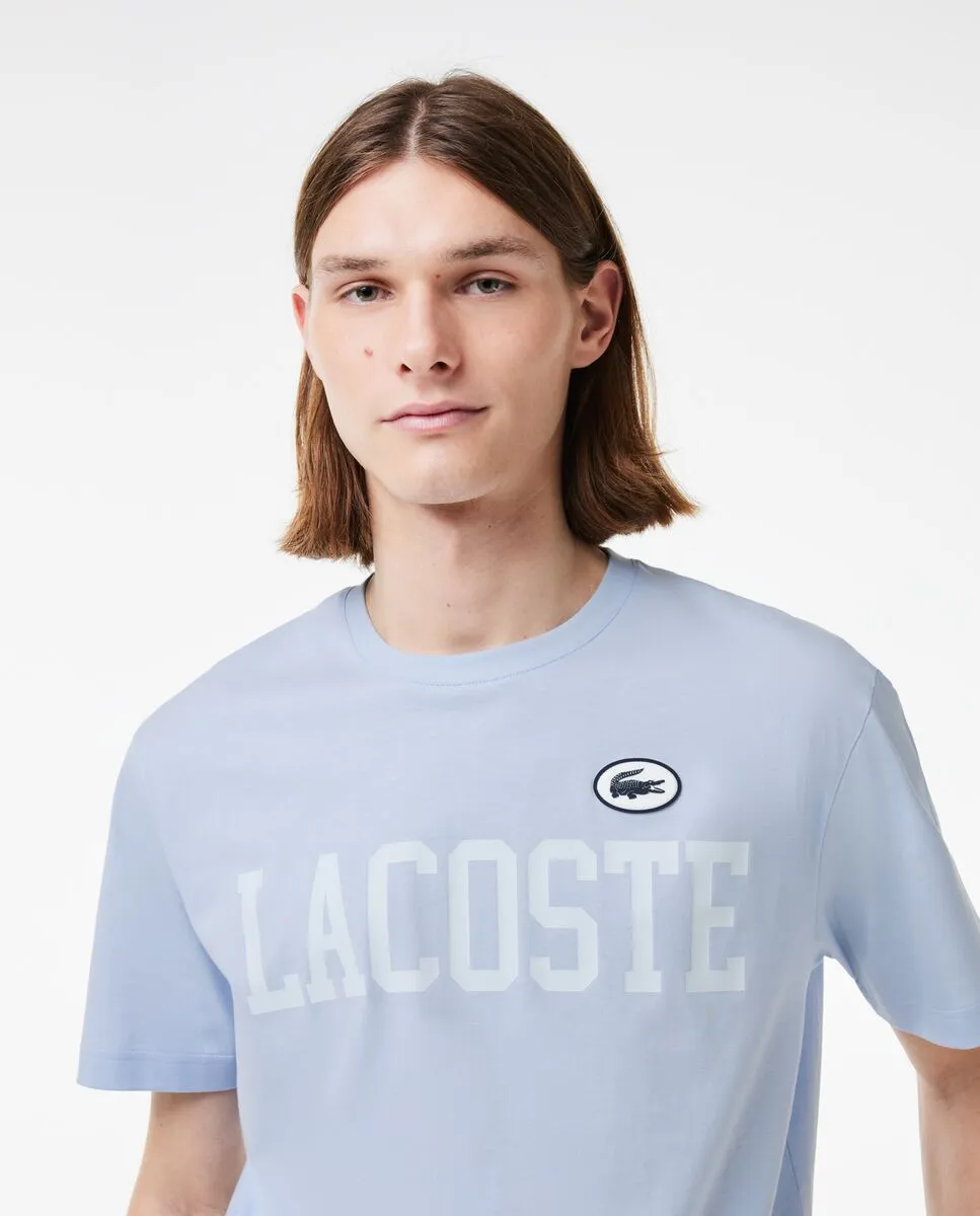 LACOSTE Cotton Contrast Print and Badge T-Shirt Light Blue