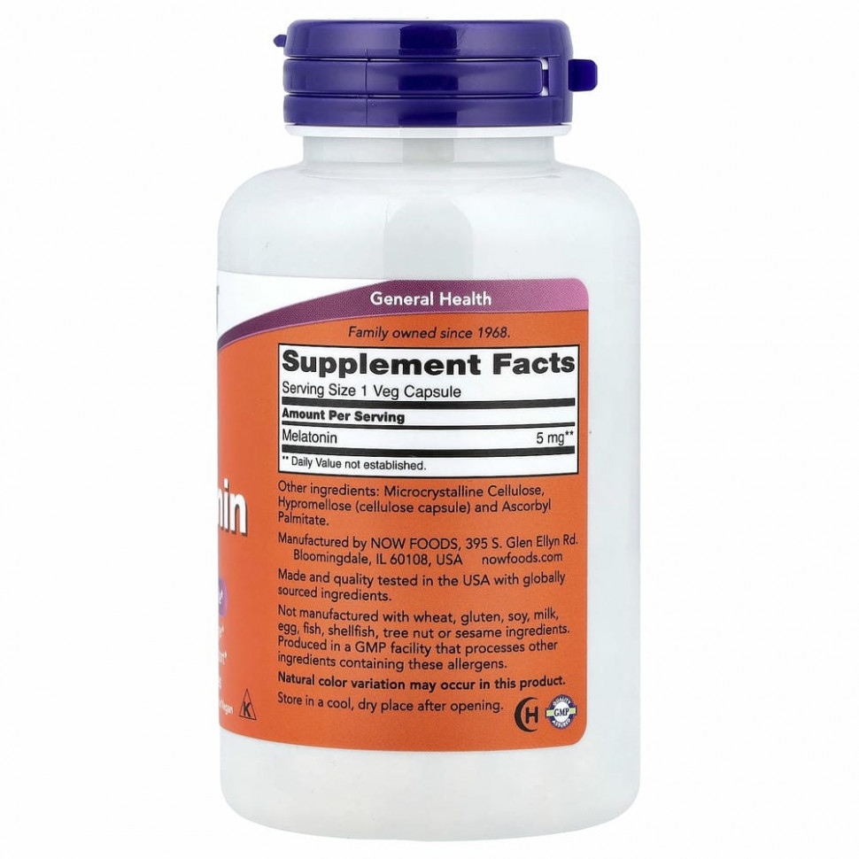 NOW Foods, мелатонин, 5 мг, 180 растительных капсул