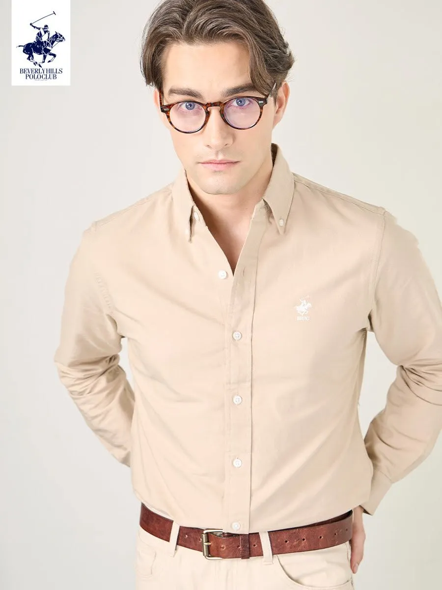 BEVERLY HILLS POLO CLUB Men Oxford Relax Fit Shirt Long Sleeve, Light Brown