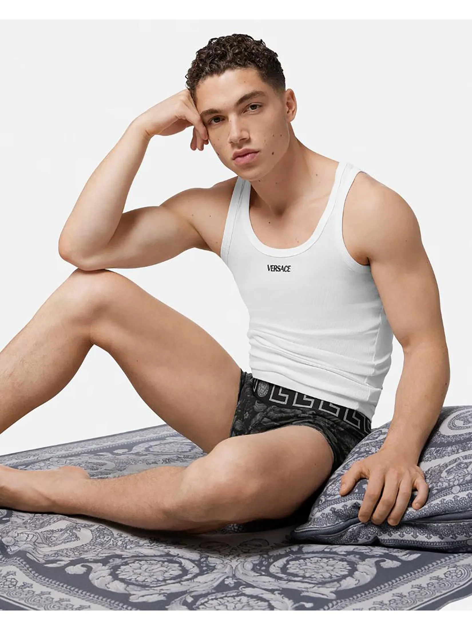VERSACE UNDERWEAR Men Underwear Short Trunk Stretch Organic Jersey Barocco SS92 All Over - New Logo Black + Grey