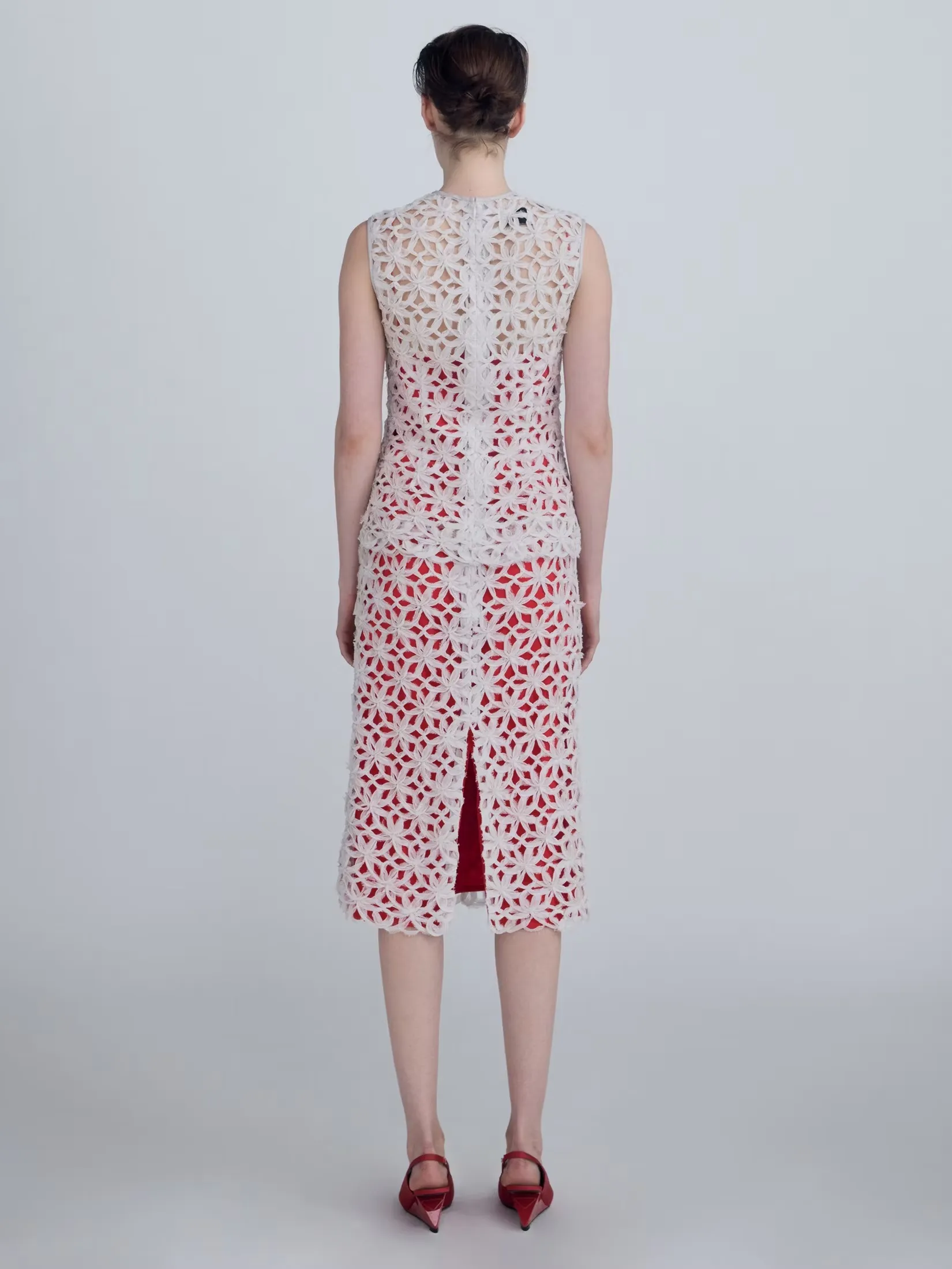 VICKTEERUT Women Red Lace Pencil Skirt with Contrast Lining