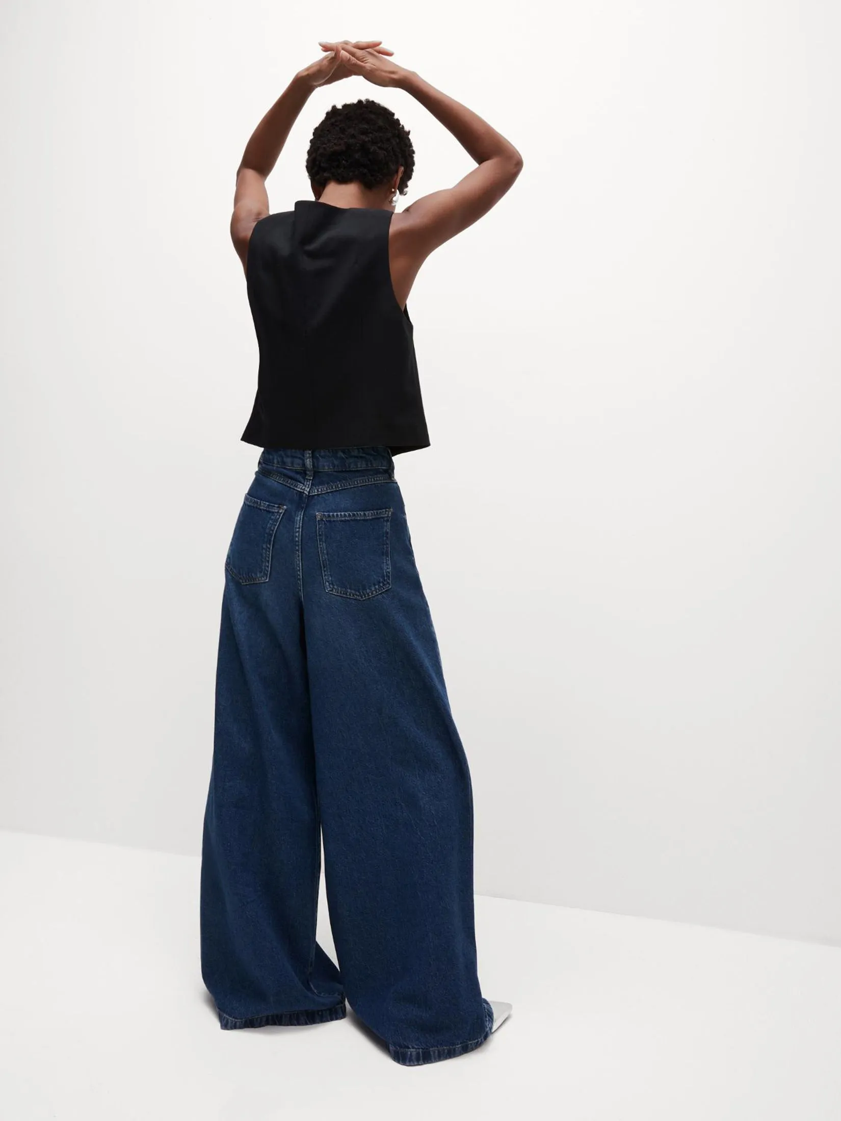 MARKS & SPENCER Women Jeans Lyocell Blend Wide Palazzo Leg Dark Indigo