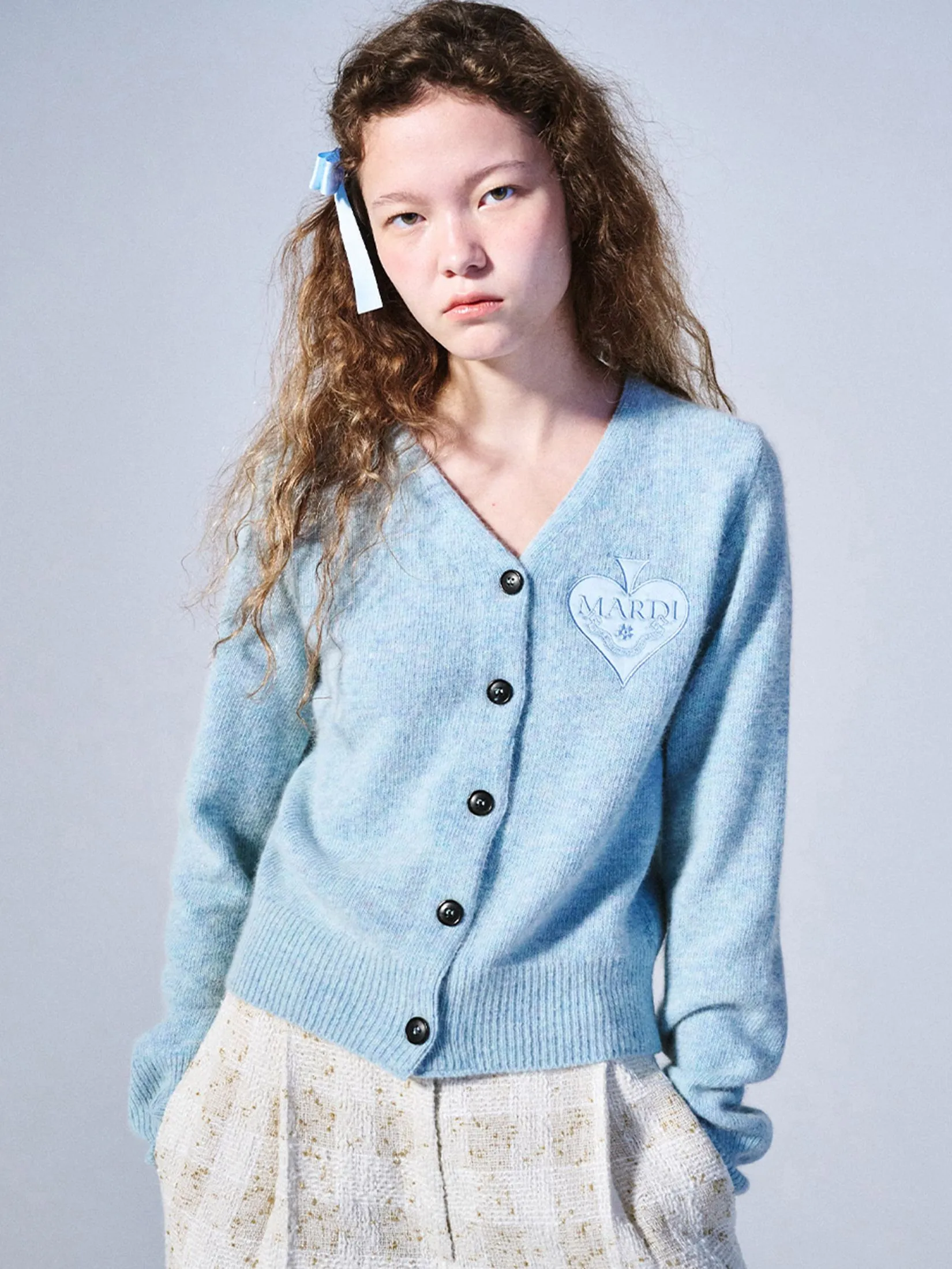 MARDI MERCREDI Raccoon Blended Cardigan V Neck Spade Mint F