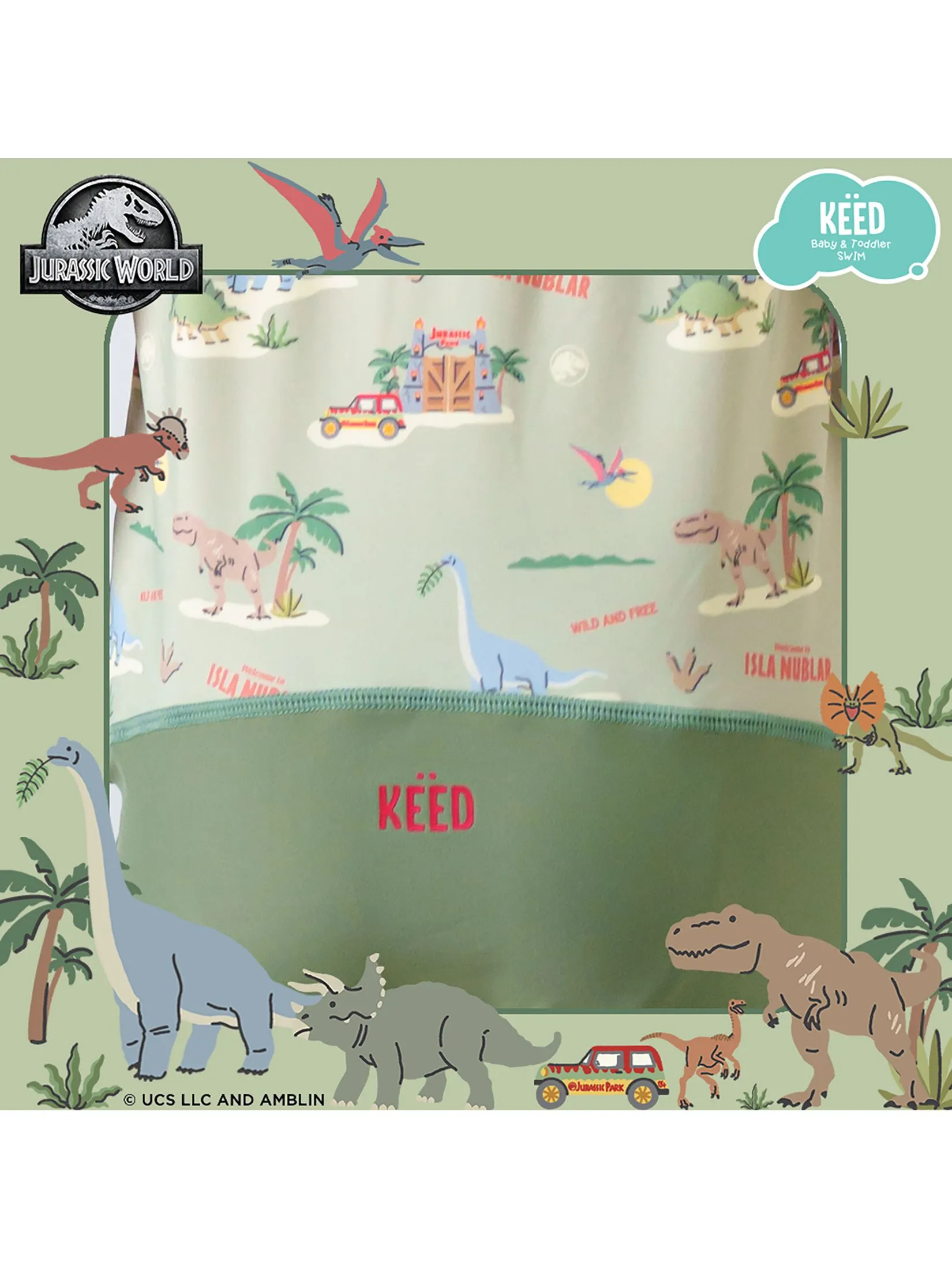 KEED Boy Swimsuit Short Sleeves Jurassic World Khaki Green