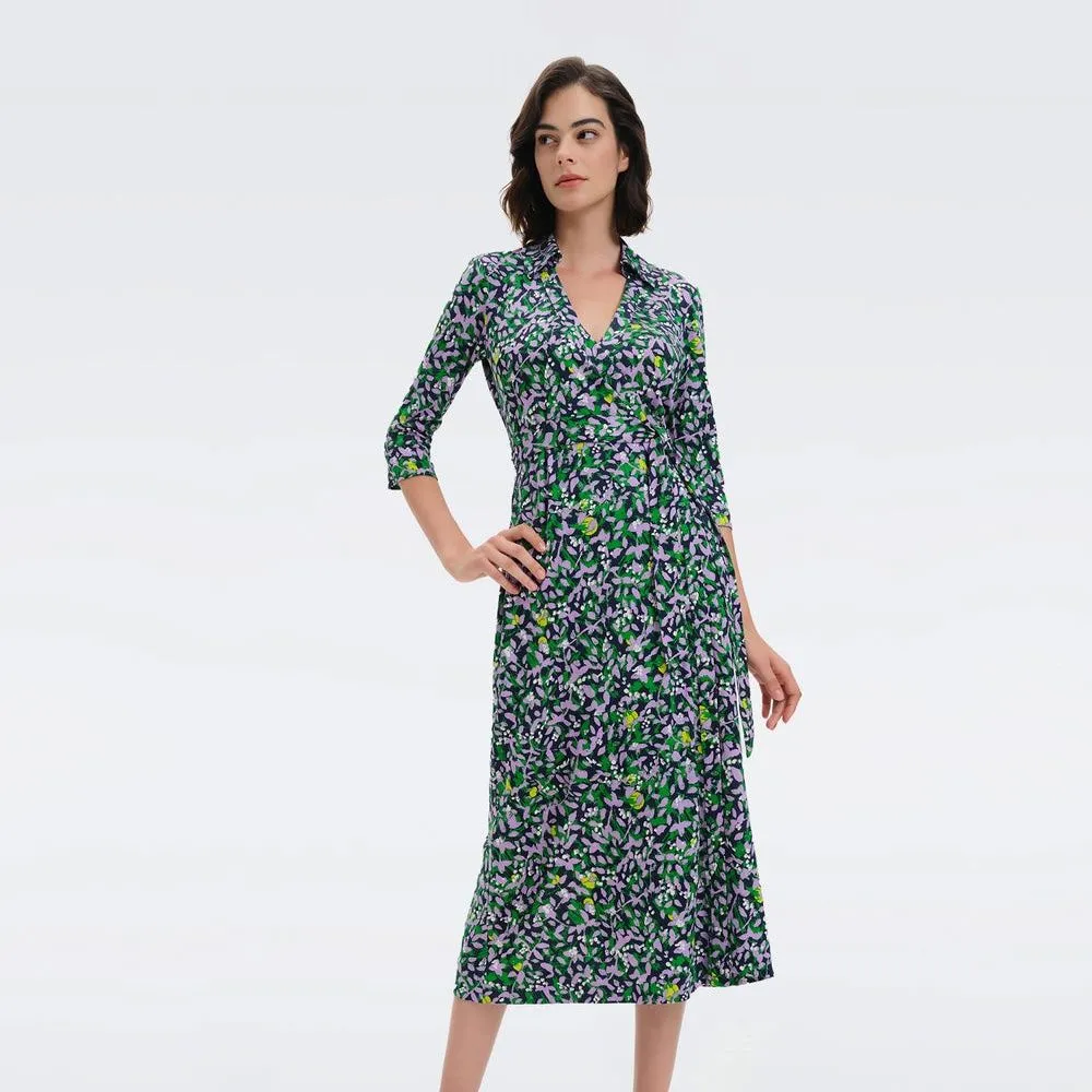 DIANE VON FURSTENBERG DVF ABIGAIL MIDI DRESS SCRIBBLE GARDEN ORCHID