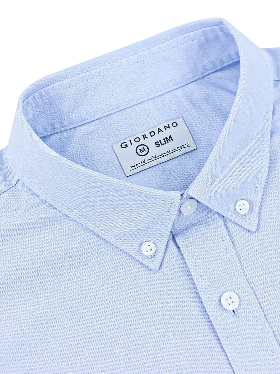 GIORDANO Men's Slim Embroidery Stretch Oxford Shirts (Classic Man) Light Blue
