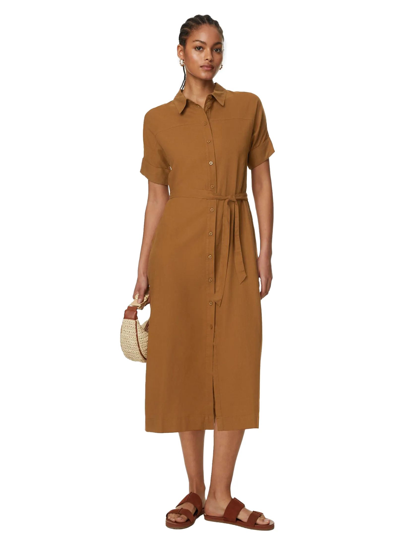 MARKS & SPENCER Women Midi Dress Linen Rich Button Through