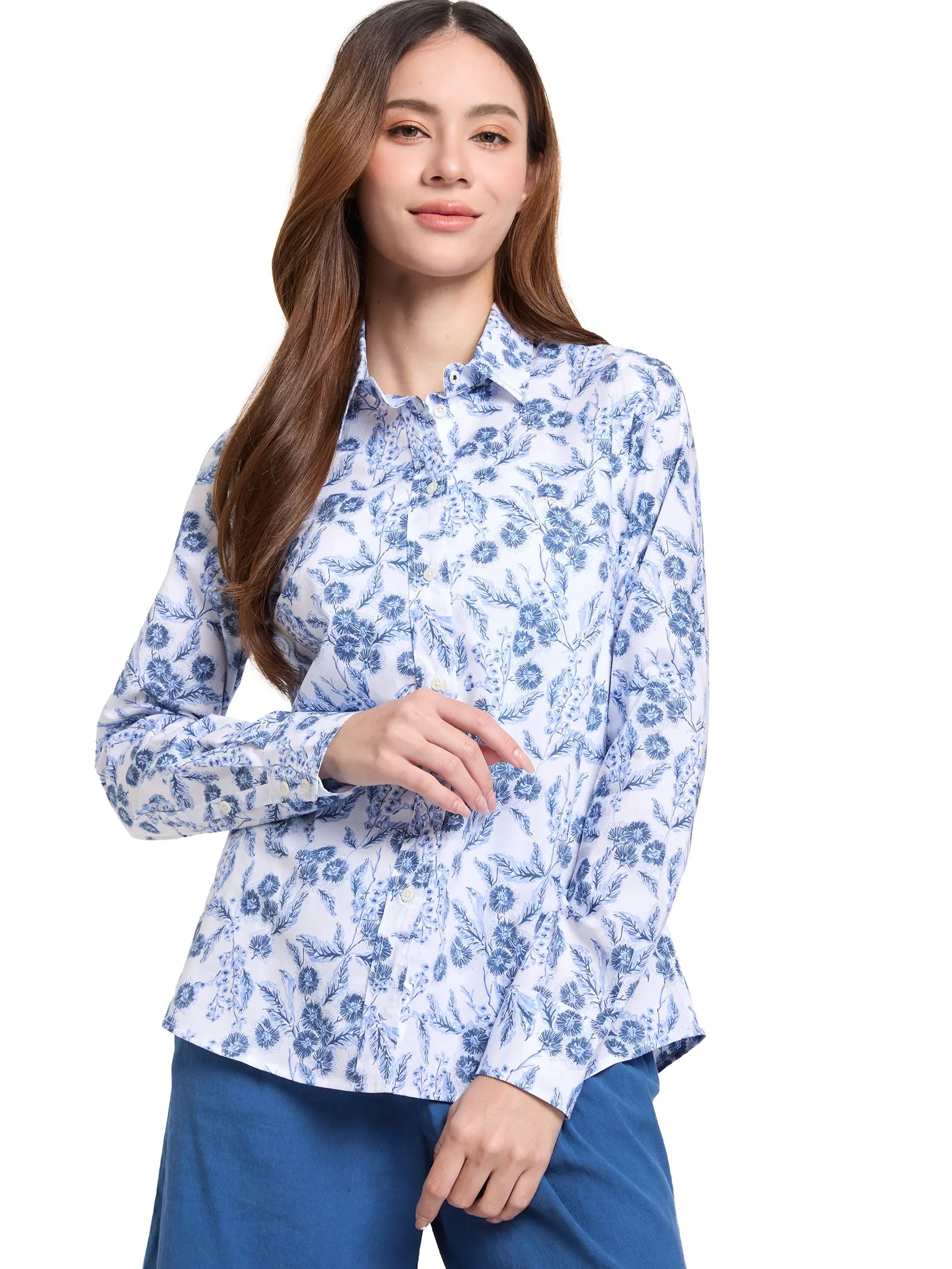 ALUMNUS Women Shirt Long Sleeves Collar Neck Print Blue Size - M