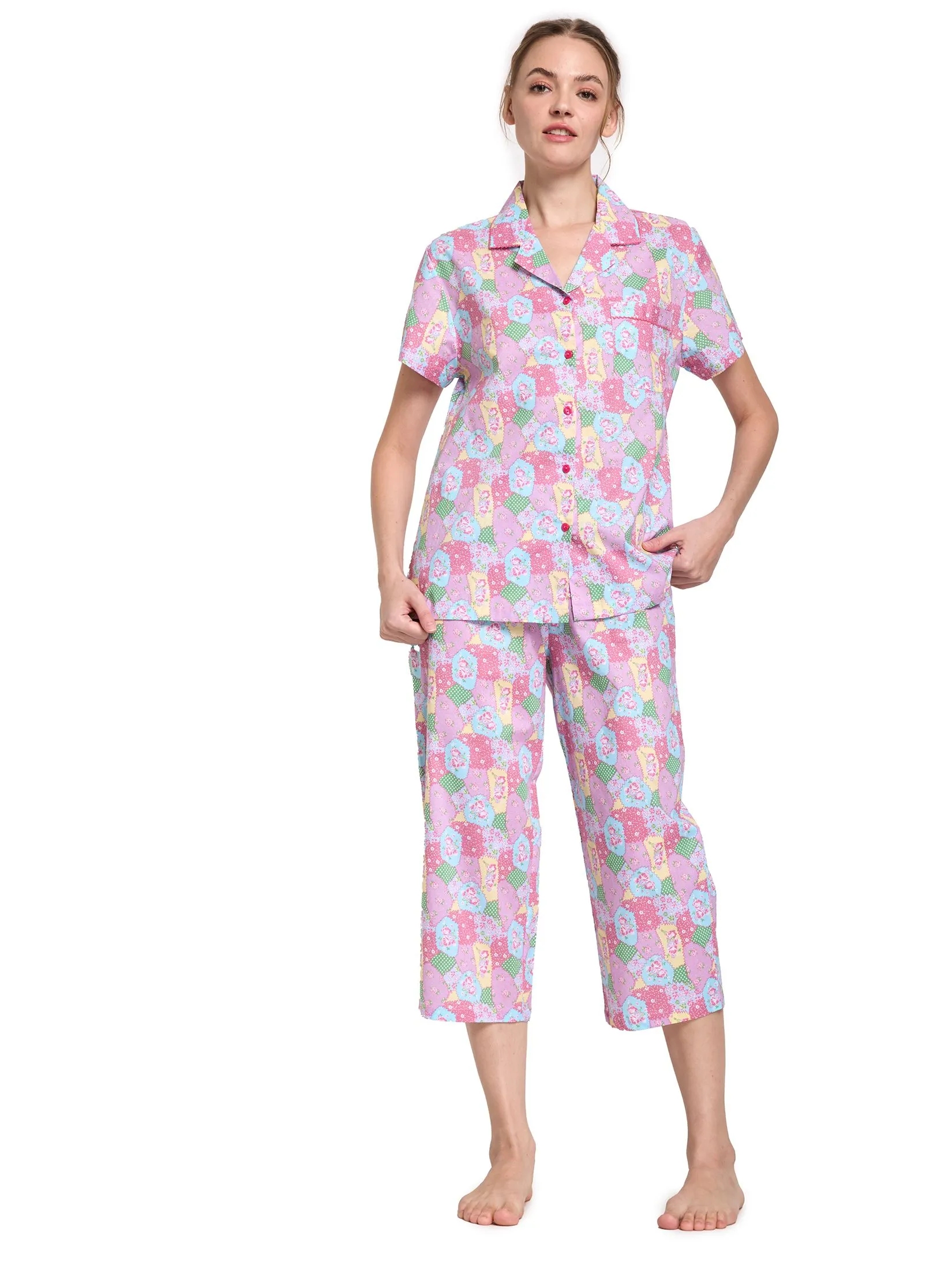 CLAUDIA'S ROMANCE Women Pyjamas Set Hawaiian Shirt Short Sleeves + Cropped Pants Pink