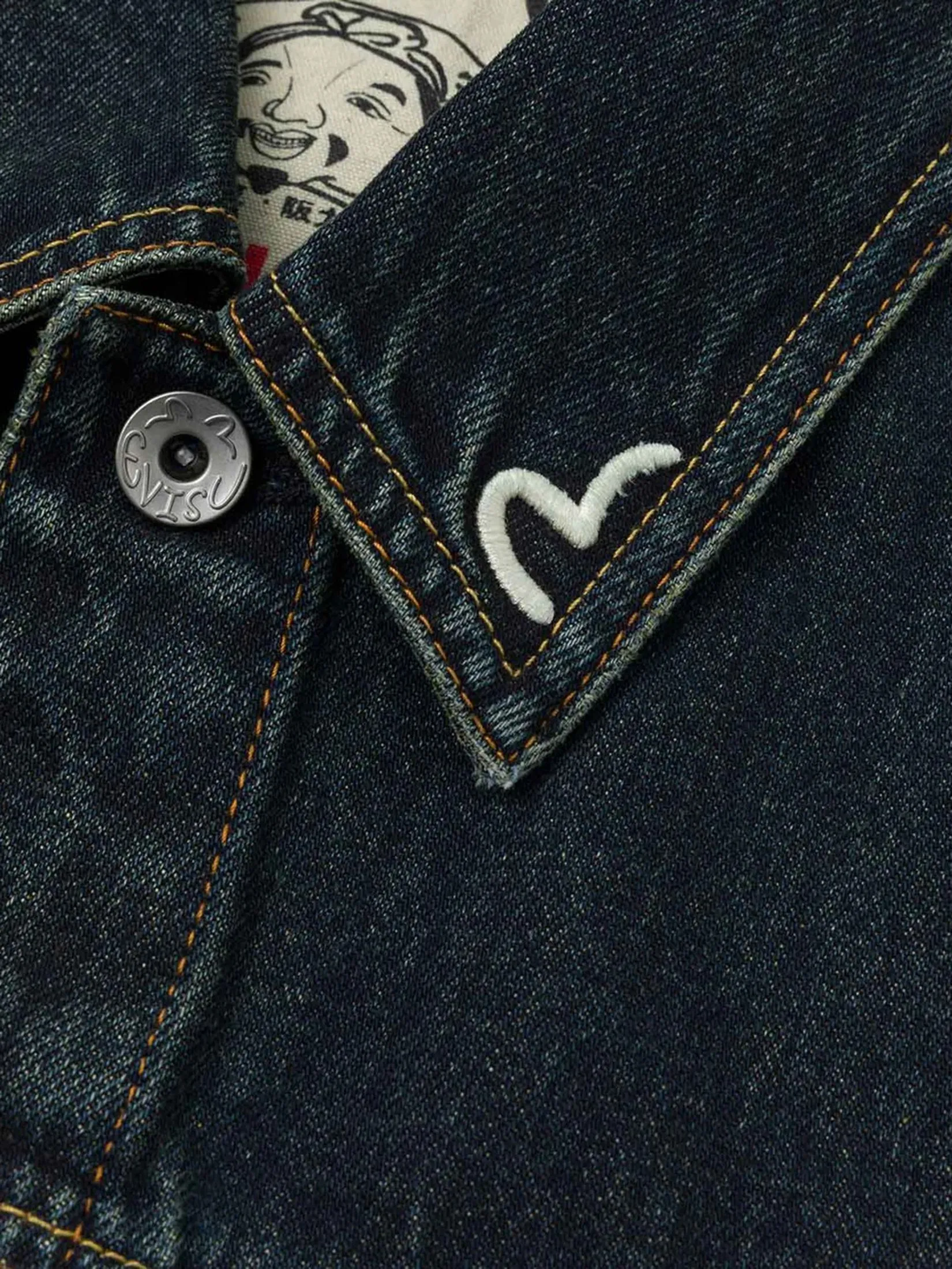 EVISU Men Denim Jacket Washed Brushstroke Daicock Print Regular Fit Indigo