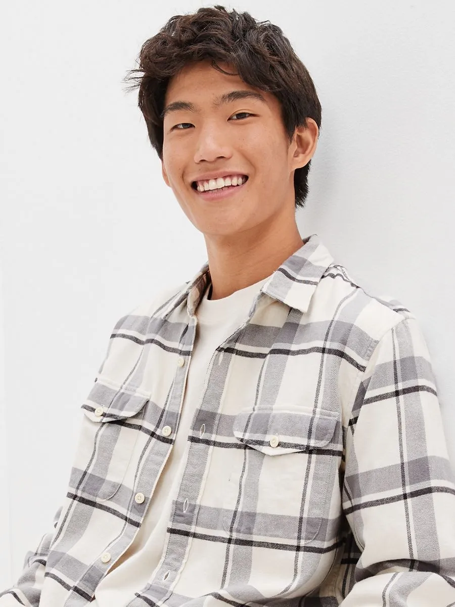 AMERICAN EAGLE MEN JIM PLAID RYAN FLANNEL SHIRT 106 CREAM