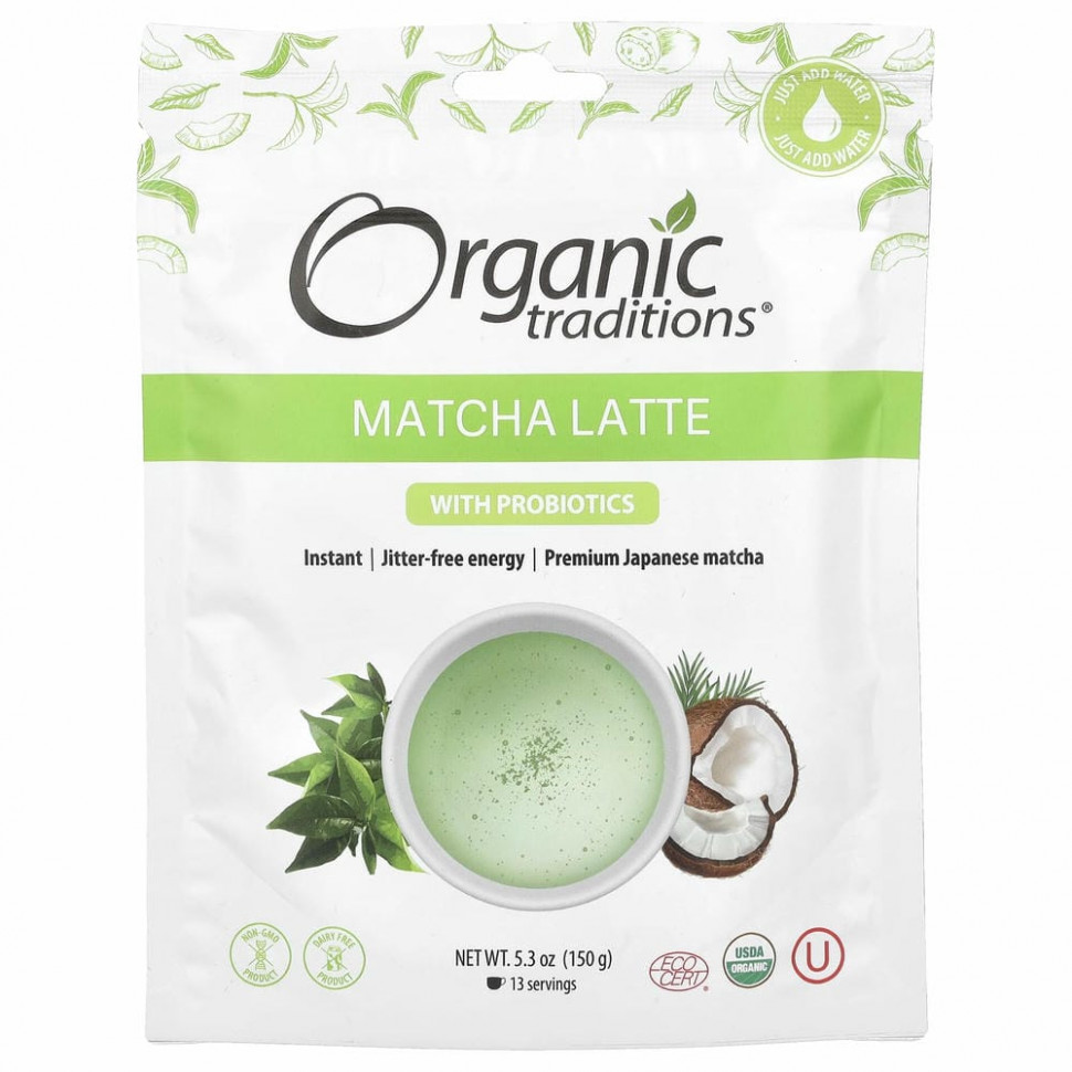Organic Traditions, Матча латте с пробиотиками, 150 г (5,3 унции)