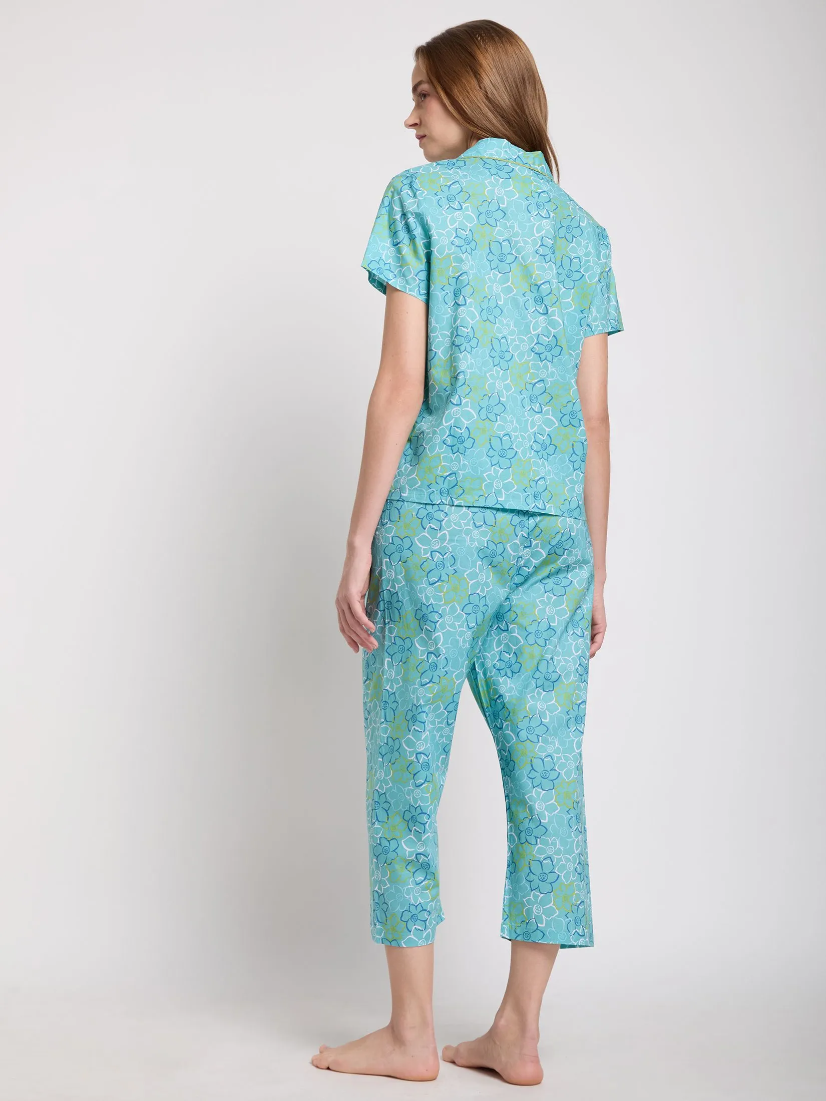 CLAUDIA'S ROMANCE Women Pajamas Shirt Short Sleeves + Cropped Pants Sweet Dreams Light Blue