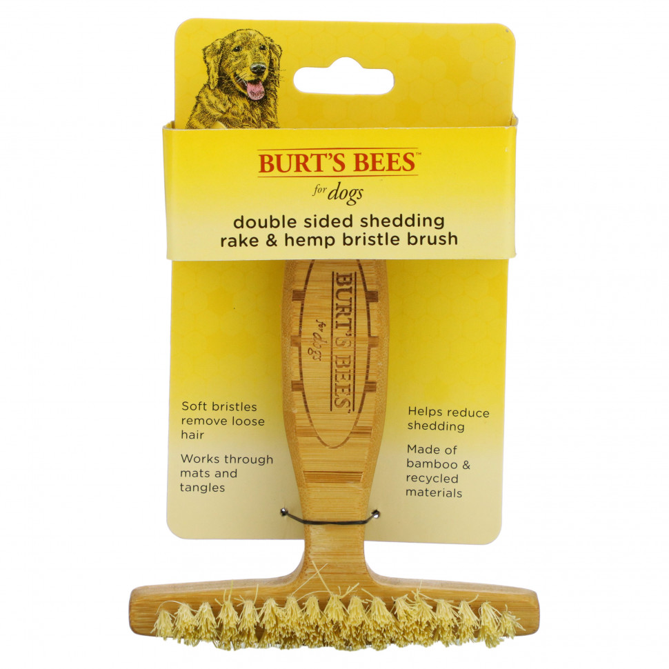 Burt's Bees, Двусторонняя щетка для собак с граблями и конопляной щетиной, 1 шт.