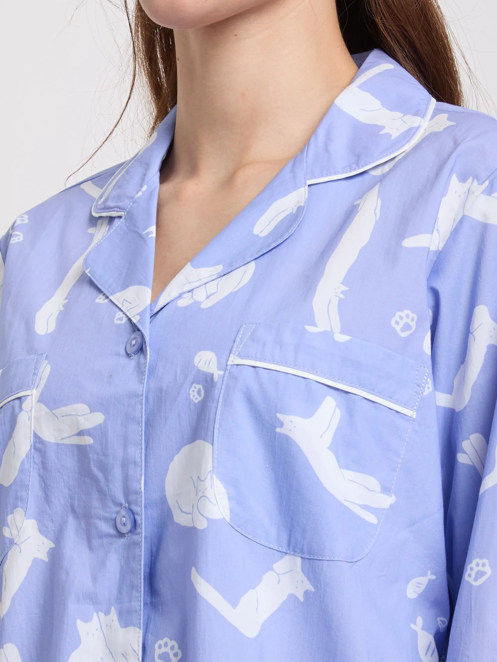 FOF Women Pyjamas Shirt Long Sleeves Collar Neck + Pants Print Purple