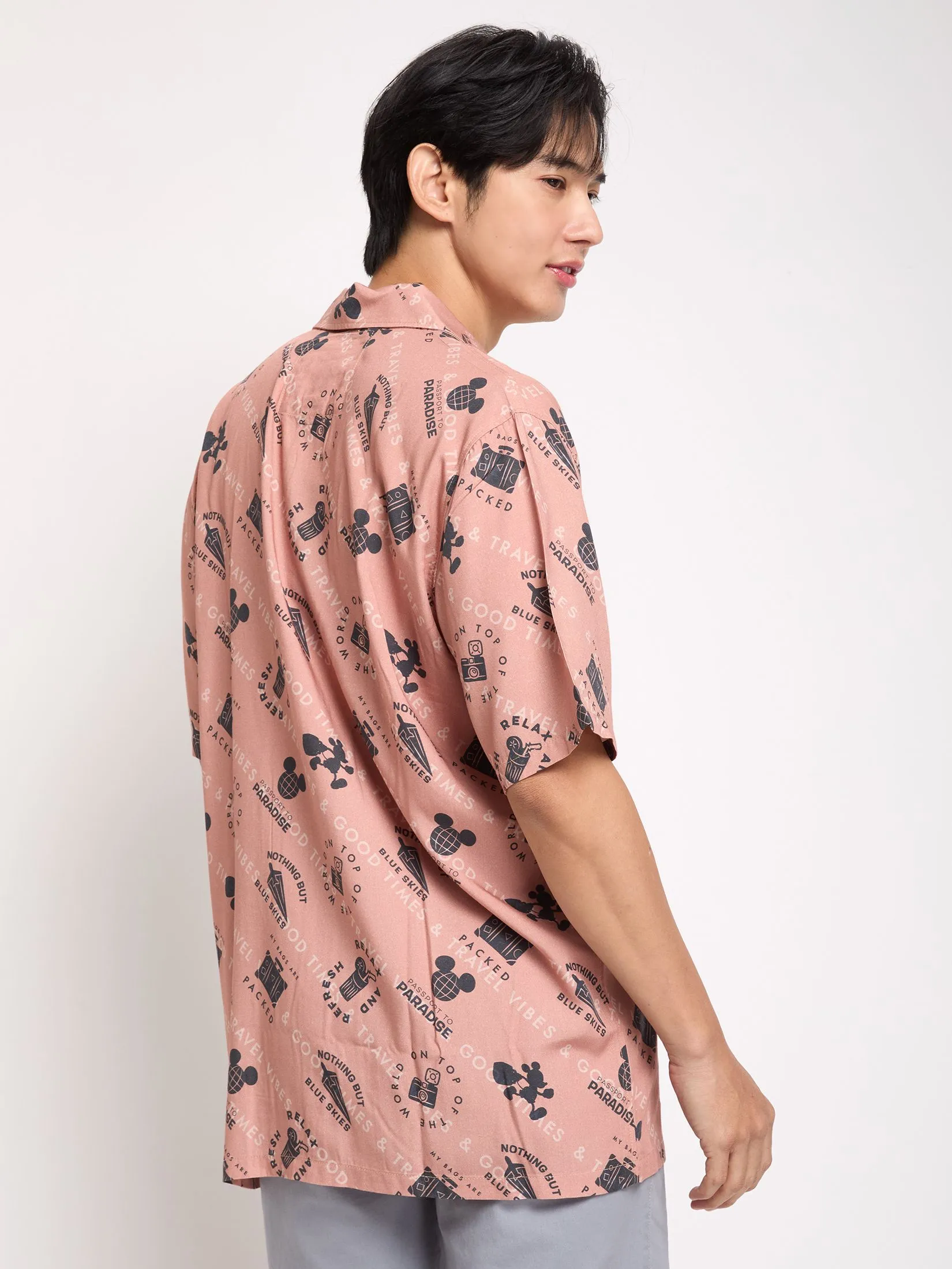 PACIFIC UNION Men Oversized Shirt Short Sleeves Mickey Mouse Graphic Printed Brown