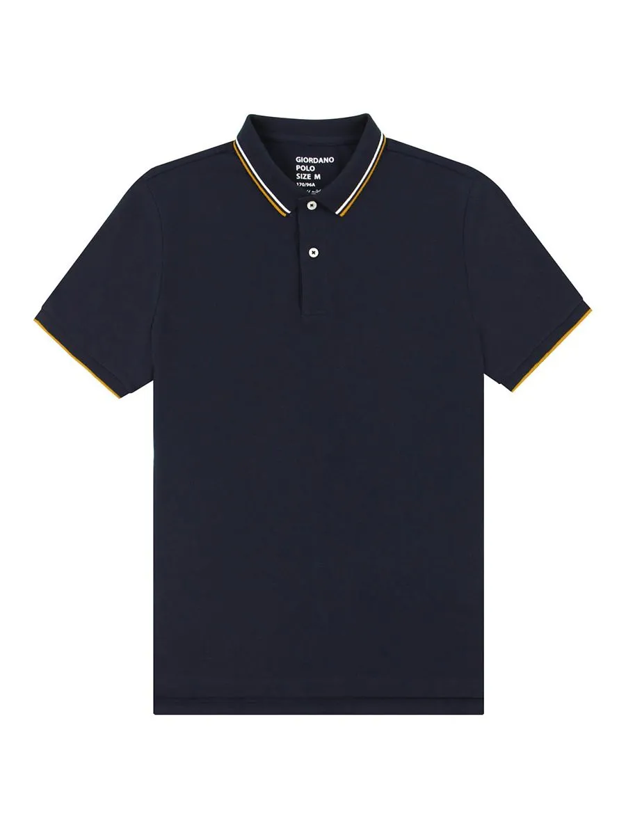 GIORDANO Men's Solid Cotton Lycra Short Sleeve Tapered Polo Signature Navy