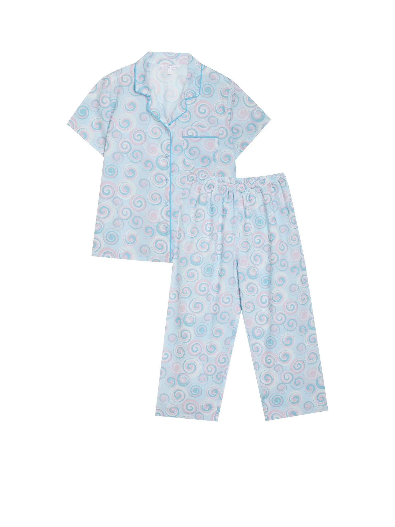 CLAUDIA'S ROMANCE Women Pyjamas Set Hawaiian Shirt Short Sleeves + Cropped Pants Light Blue