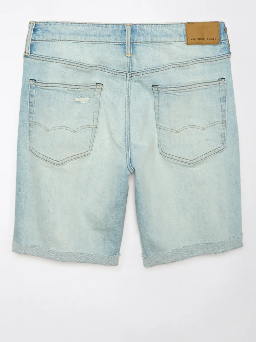 AMERICAN EAGLE MEN MEDIUM W/ DESTROY GLUEBACK BAGGY JEAN SHORT - CUT & CUFF 973 INDIGO SKYLIGHT DESTROY
