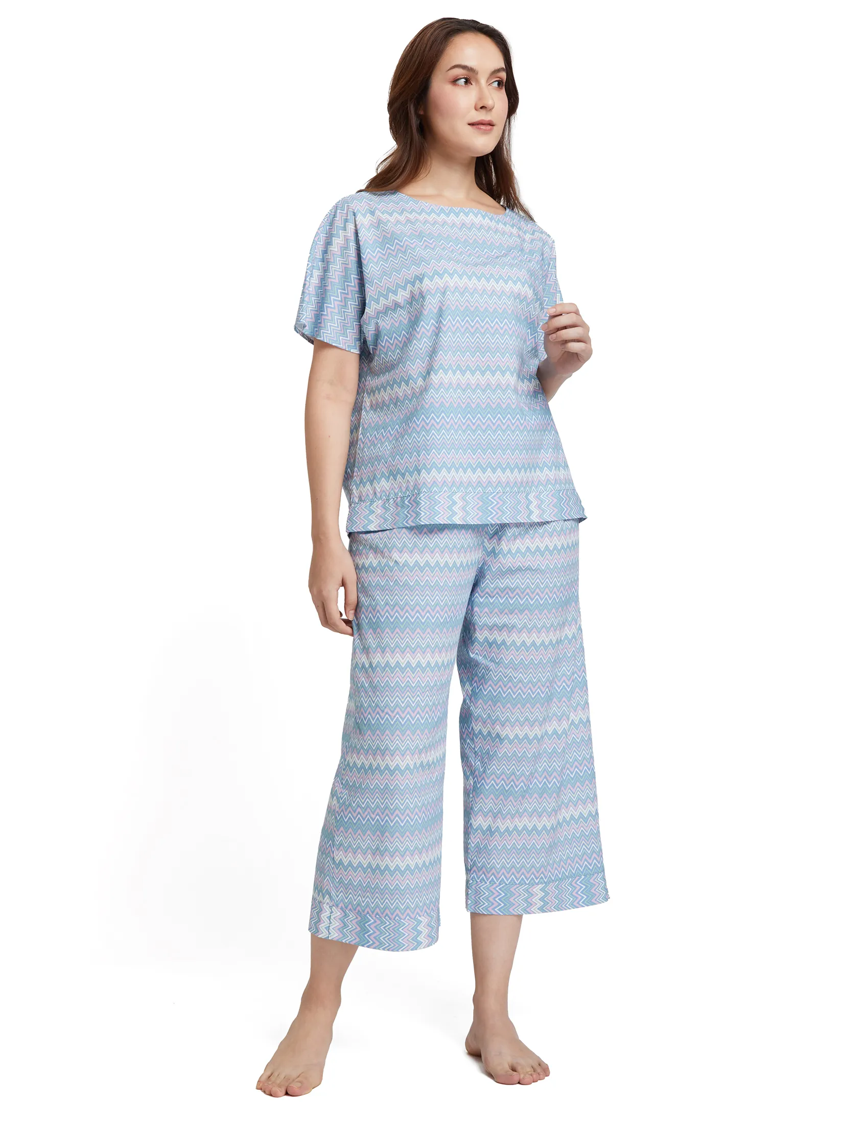 ELIZABETH Women Pyjamas T-Shirt Short Sleeves Round Neck + Cropped Pants Stripe Print Multi-Color