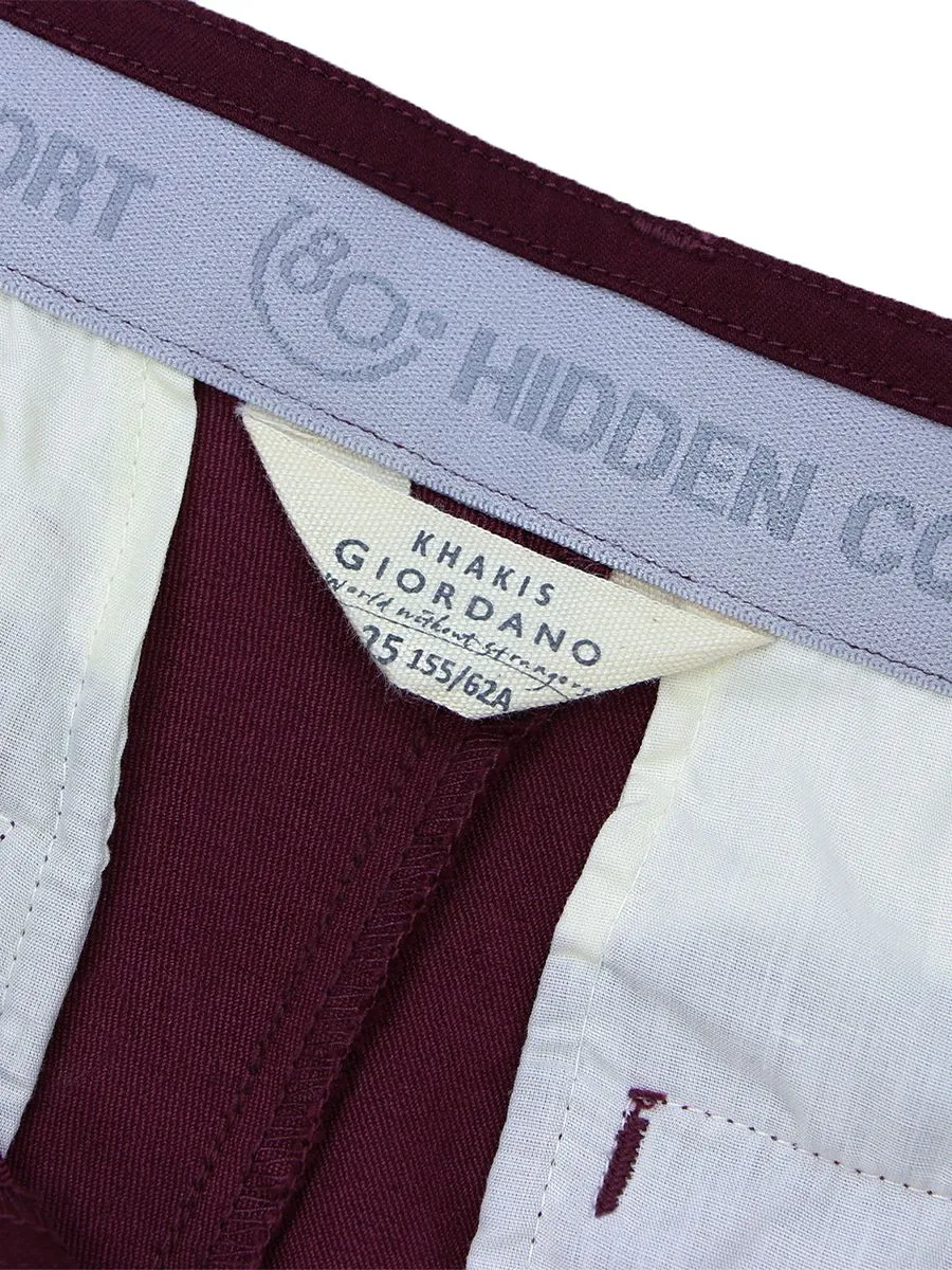 GIORDANO Women's Twill Mid-Rise Slim Fit Pocket Shorts (180 Elastic Waistband) Burgundy red
