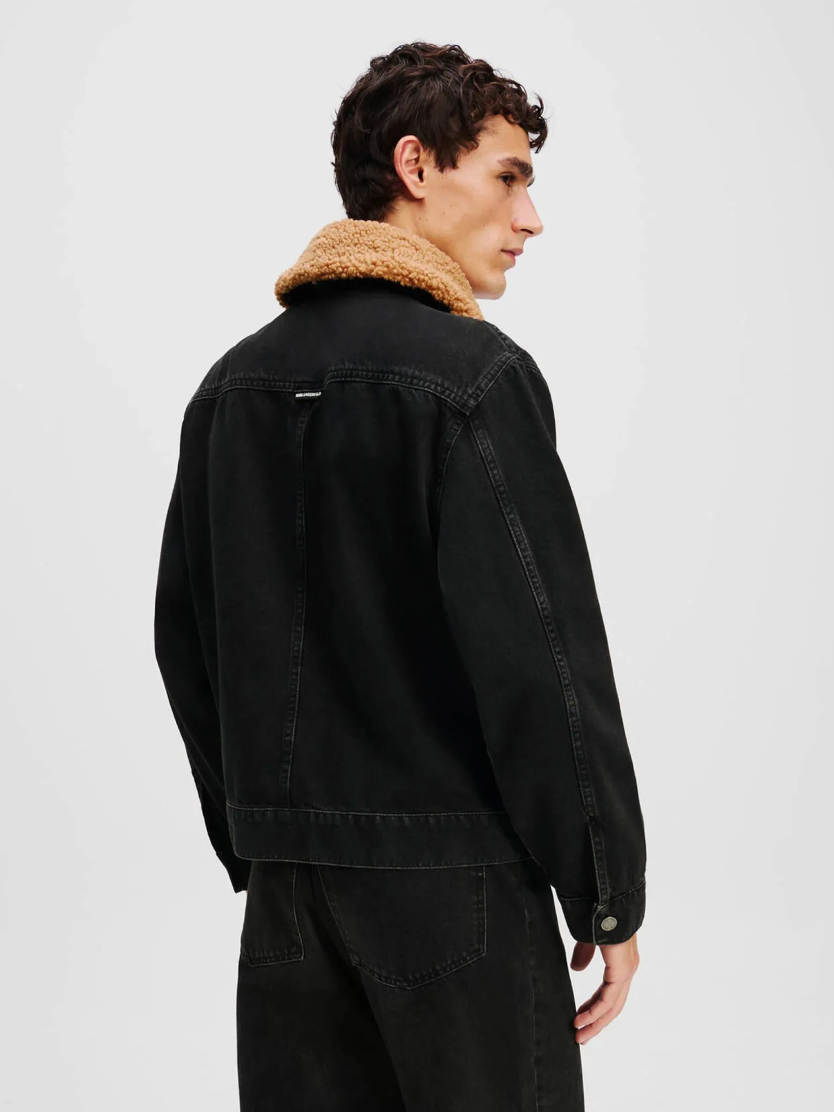 KARL LAGERFELD RTW-1 FAUX SHEARLING KL DENIM JACKET WASHED GREY DENIM