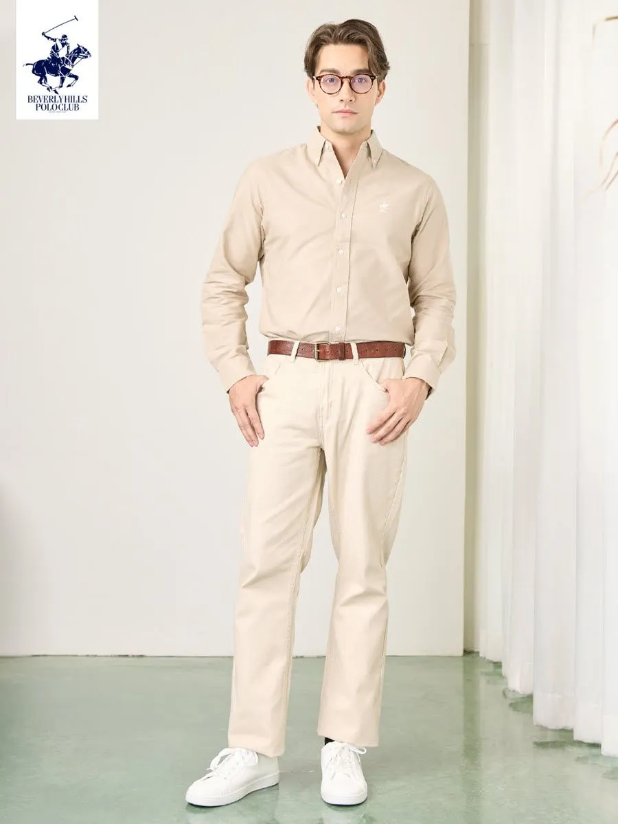 BEVERLY HILLS POLO CLUB Men Oxford Relax Fit Shirt Long Sleeve, Light Brown