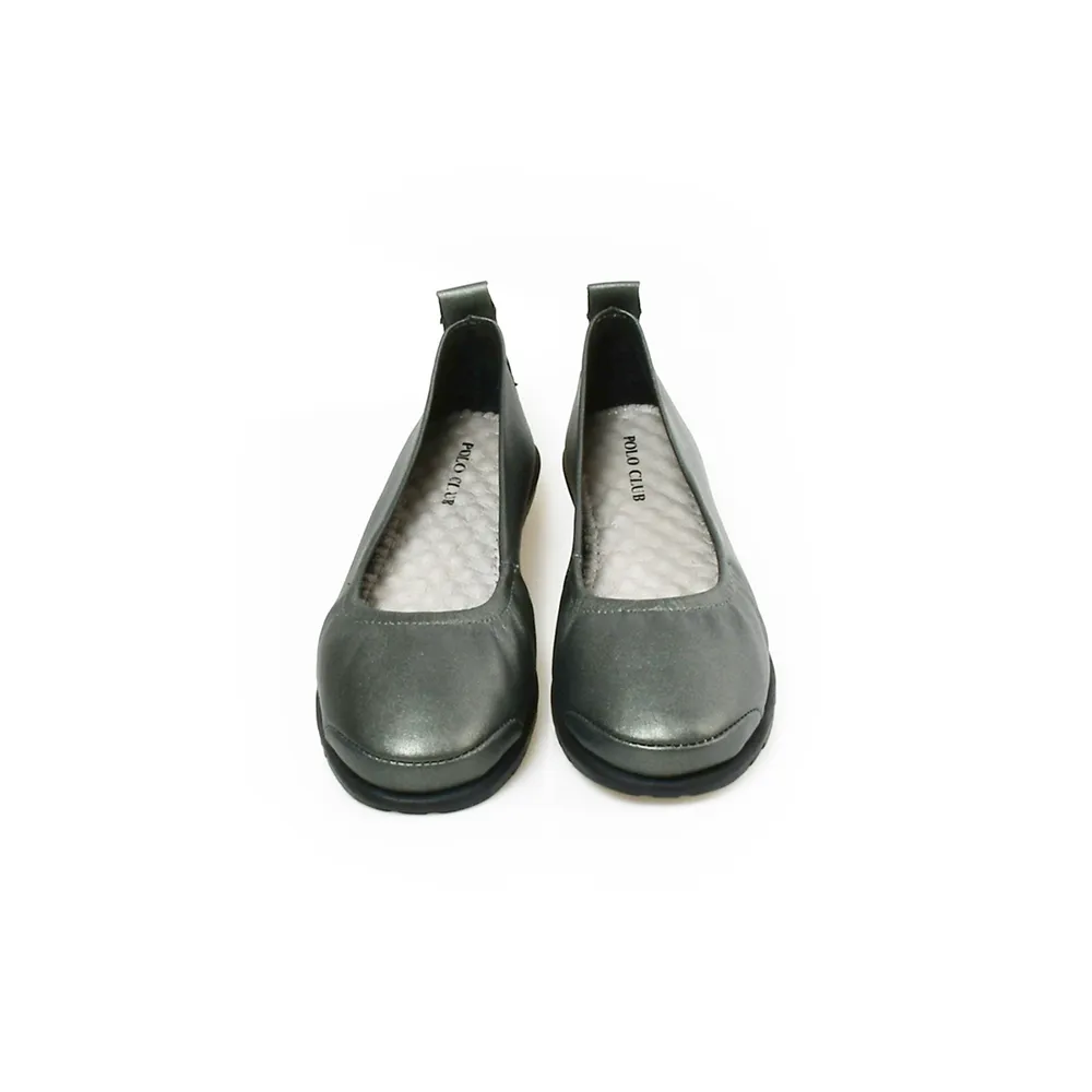 POLO CLUB Pewter Leather Court Shoes Rounded Toe Flats EX-1562