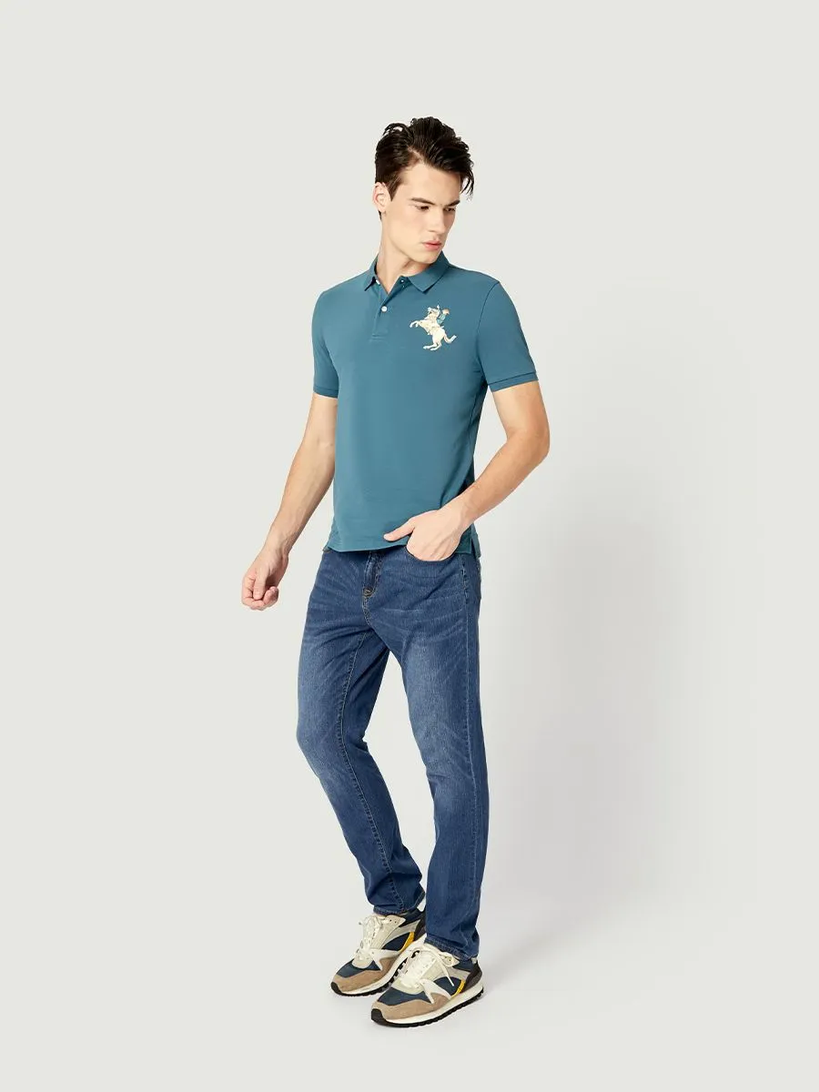 GIORDANO Men's Pique Slim Fit Embroidery Napoleon Polo Mallard Blue